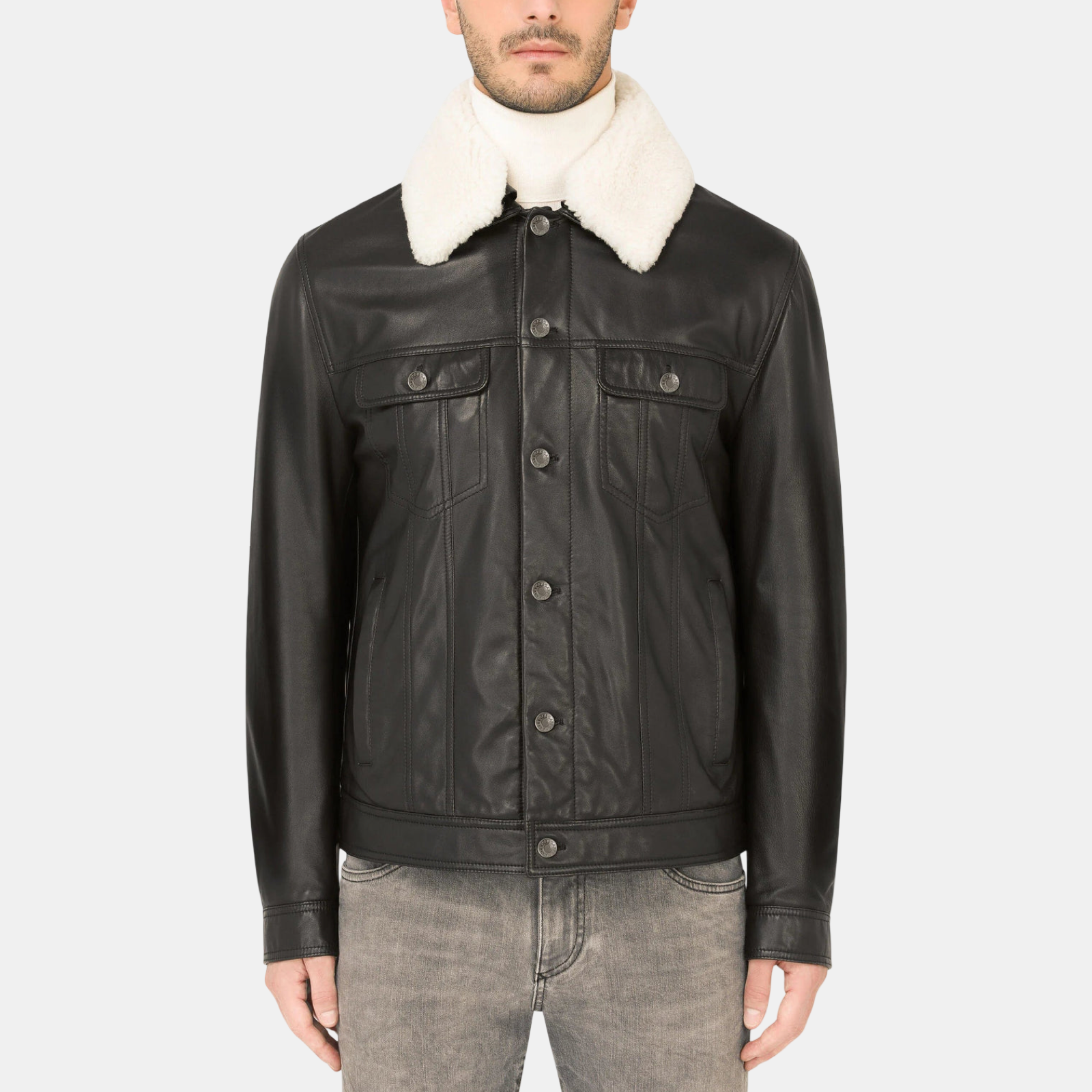 Dolce & Gabbana Shearling Collar Men Leather Jacket G9VN0L HULLZ N0000 Front View