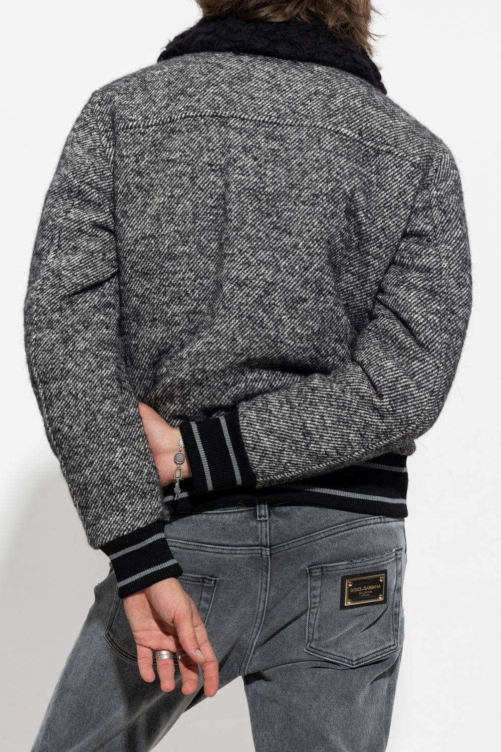 Мъжко яке Dolce & Gabbana Gray Wool Herringbone Shearling Collar Bomber Jacket back view