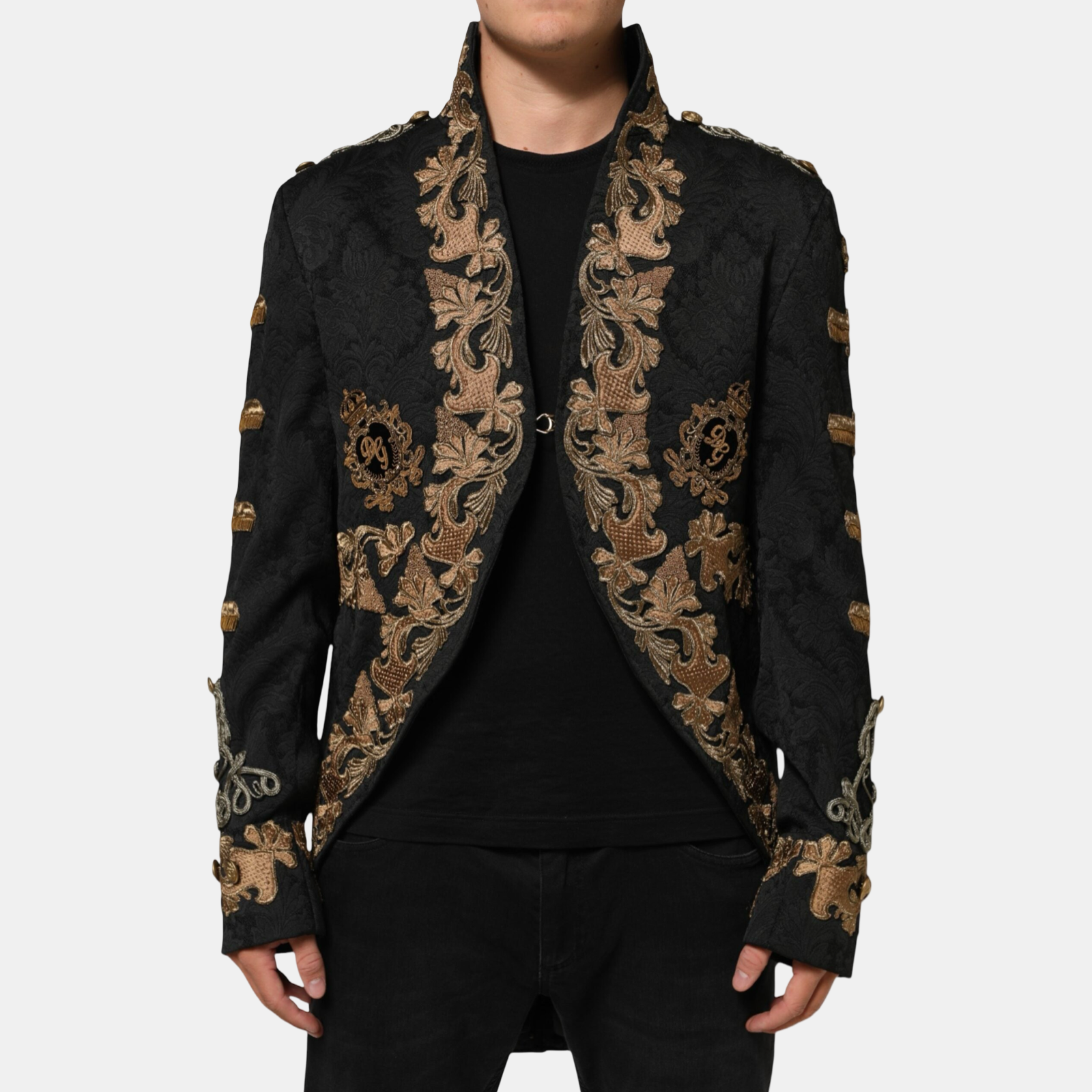 Dolce & Gabbana Black Brocade Embroidery Men Blazer Jacket Men Jacket