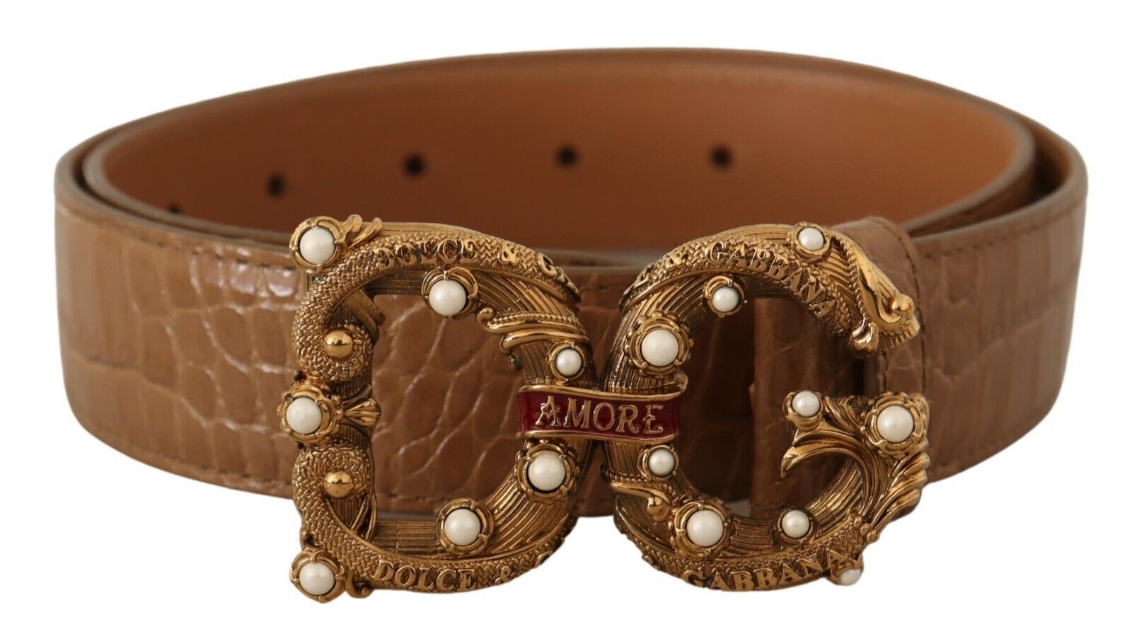 Dolce & Gabbana Елегантен колан Amore от Croco кожа с перли