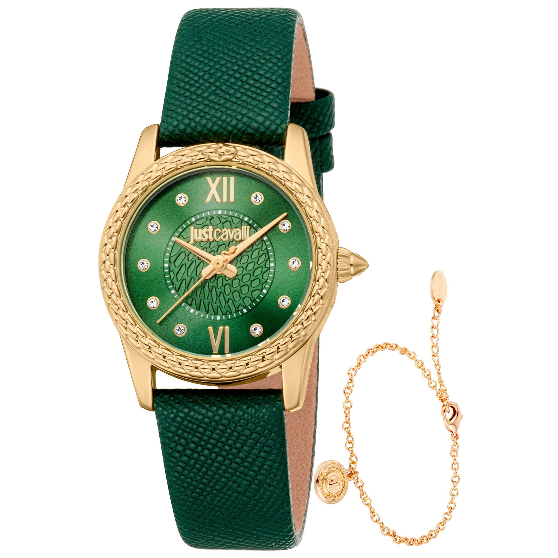 Комплект дамски часовник и гривна Women’s watch Just Cavalli SET Sublime Animalier JC1L360L0025 Leather Green Yellow Gold