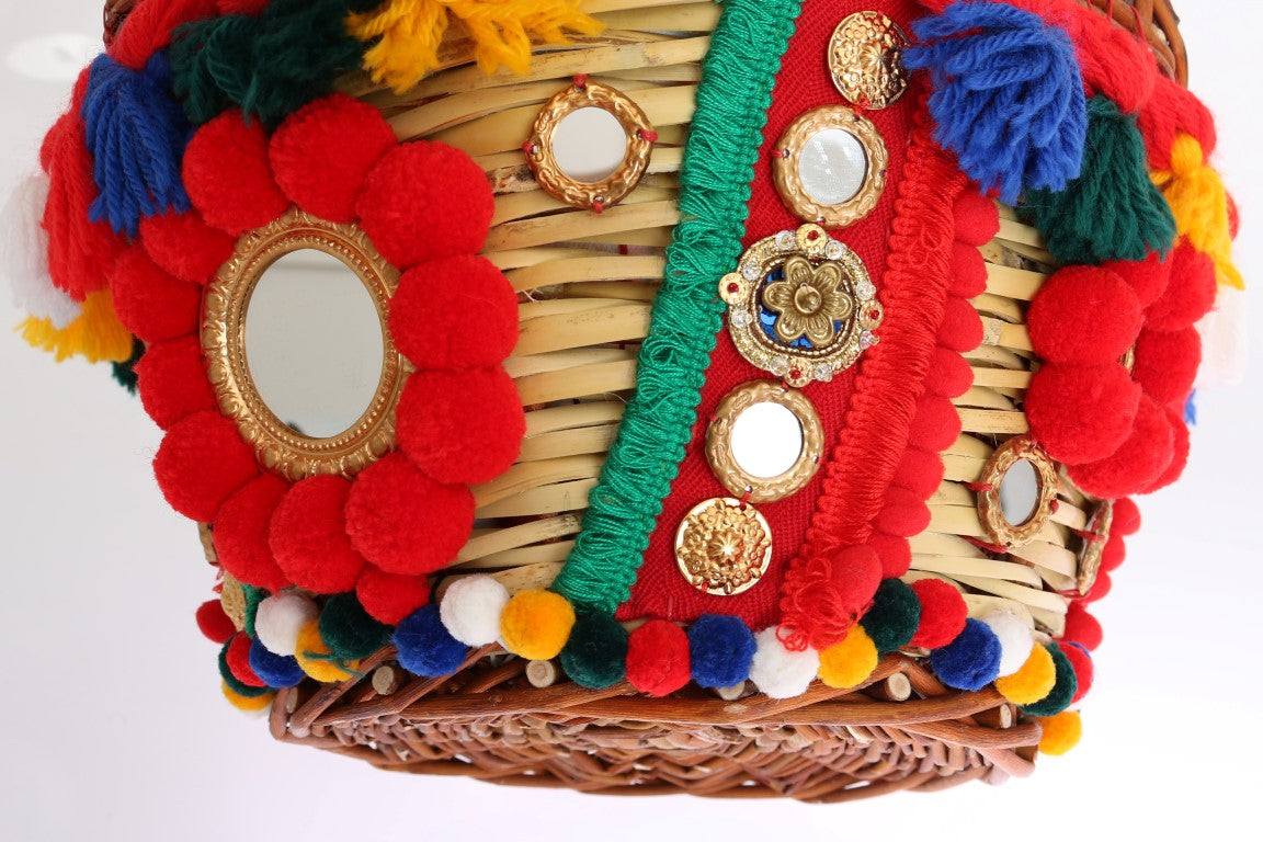 Dolce & Gabbana елегантна бежова сламена и екзотична кожа Pom Pom Tote