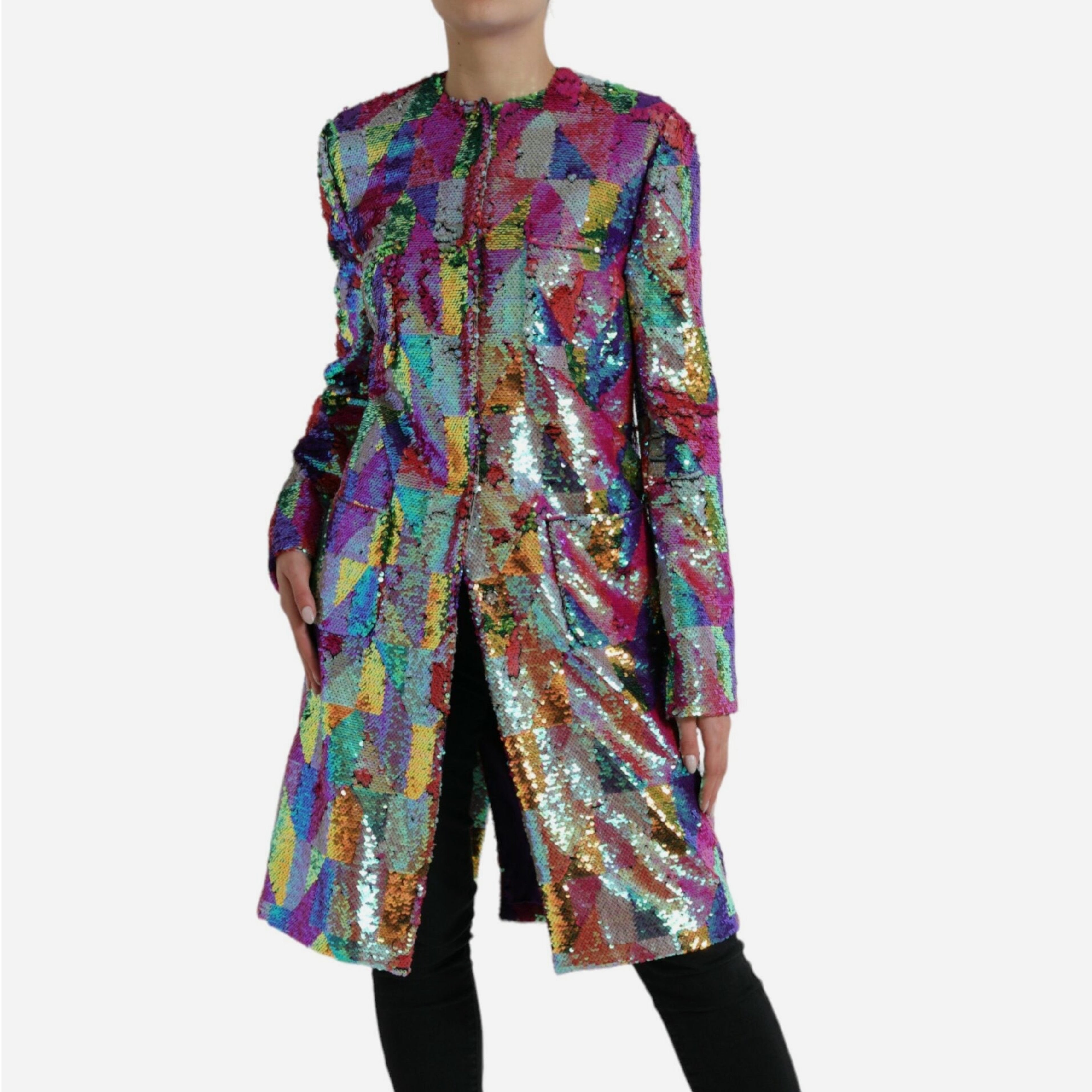 Дамско луксозно дълго многоцветно палто от пайети с подплата DOLCE & GABBANA Women’s Luxury Multicolor Sequined Long Coat