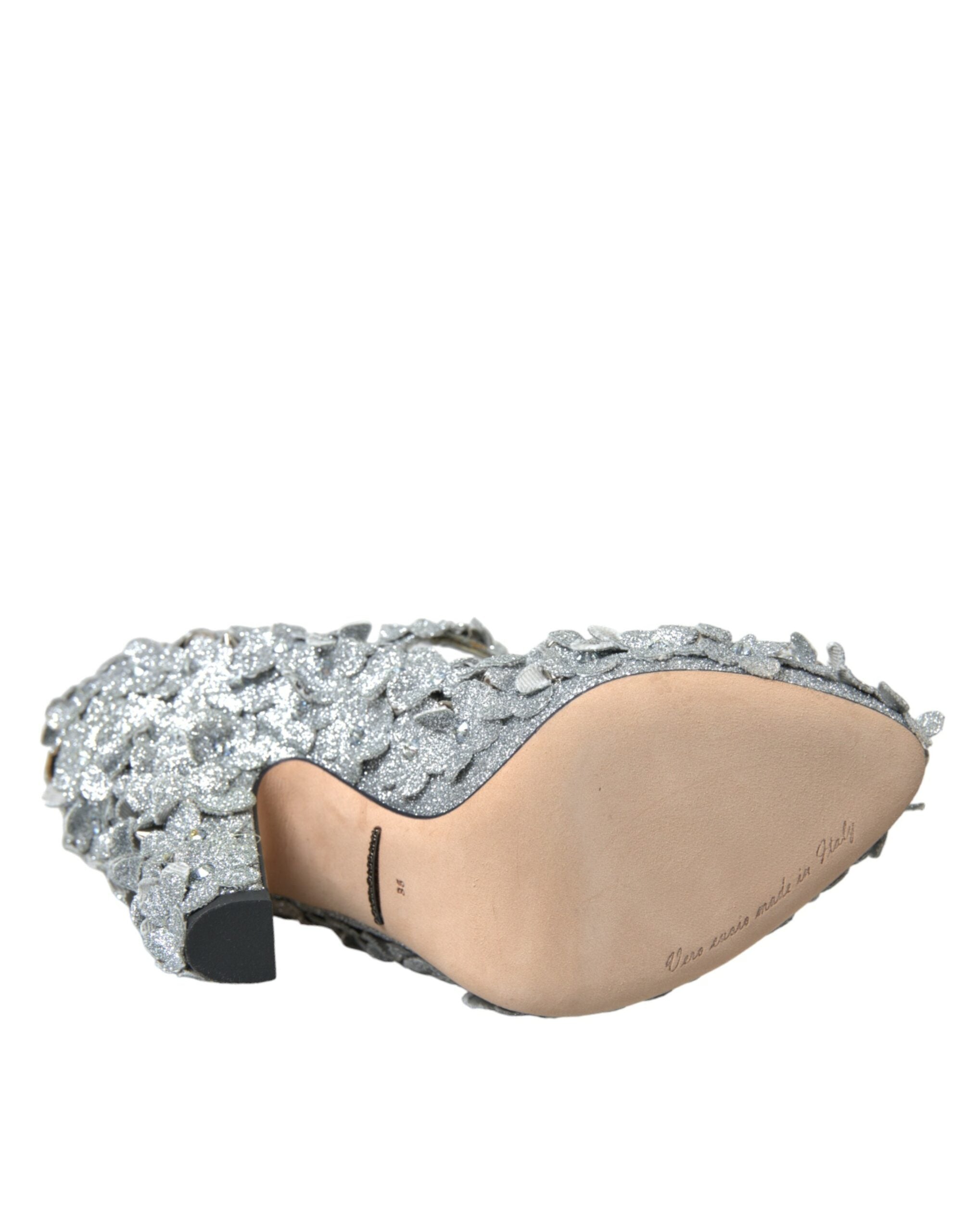 Dolce & Gabbana Сребърни обувки с флорални кристали Mary Jane Pumps