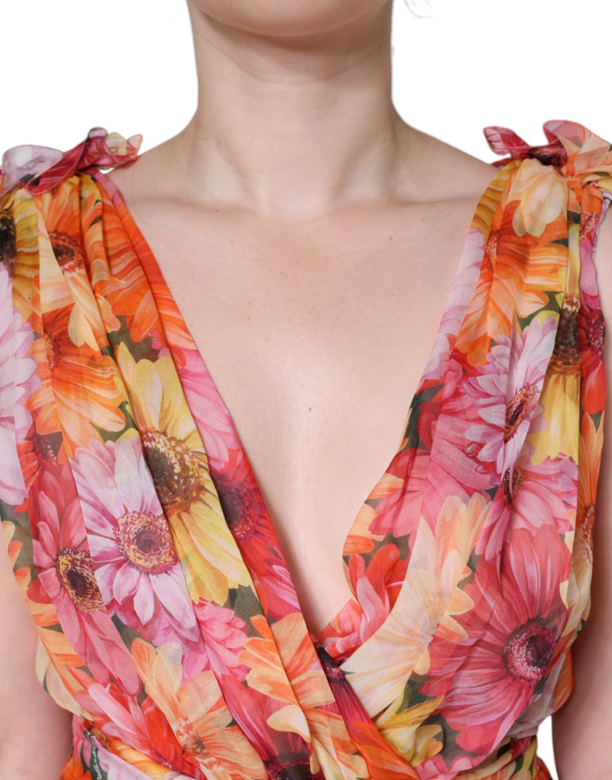 Dolce & Gabbana Многоцветна миди рокля без ръкави с V-образно деколте и флорални мотиви