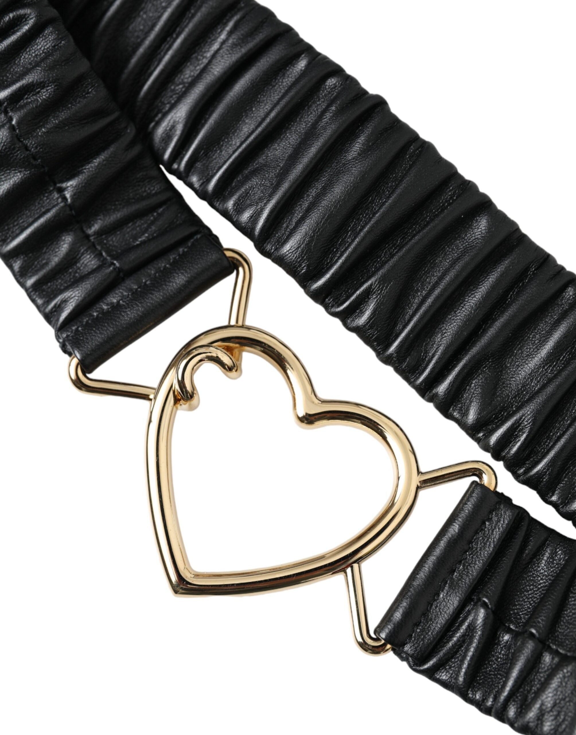 Дамски луксозен кожен колан с катарама във формата на сърце DOLCE & GABBANA Women’s Luxury Black Leather Gold Heart Metal Buckle Belt