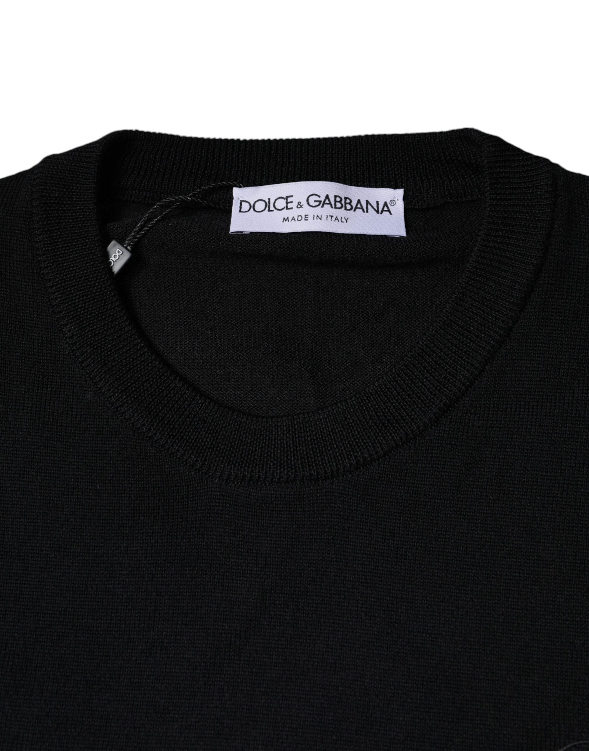 Черен вълнен плетен пуловер с кръгло деколте Dolce & Gabbana