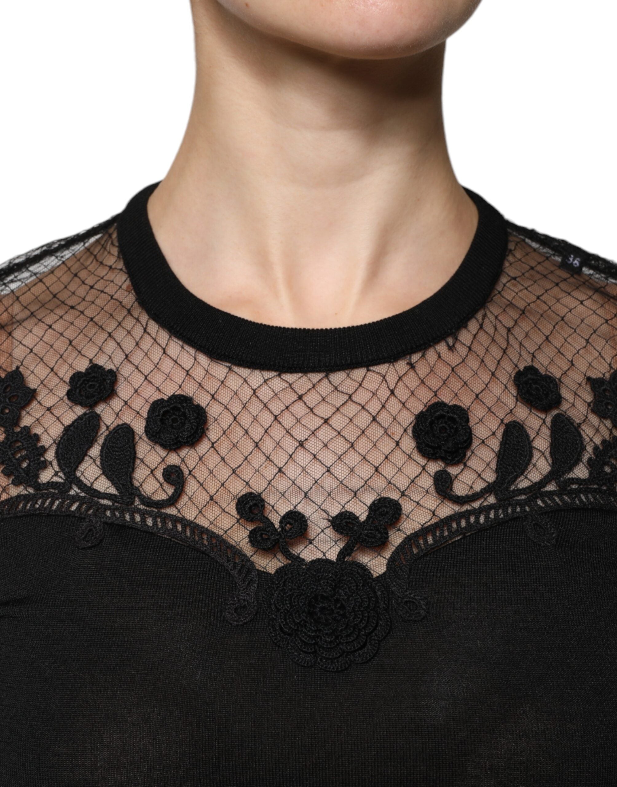 Dolce & Gabbana Черна блуза с флорални дантелени ръкави и къси ръкави
