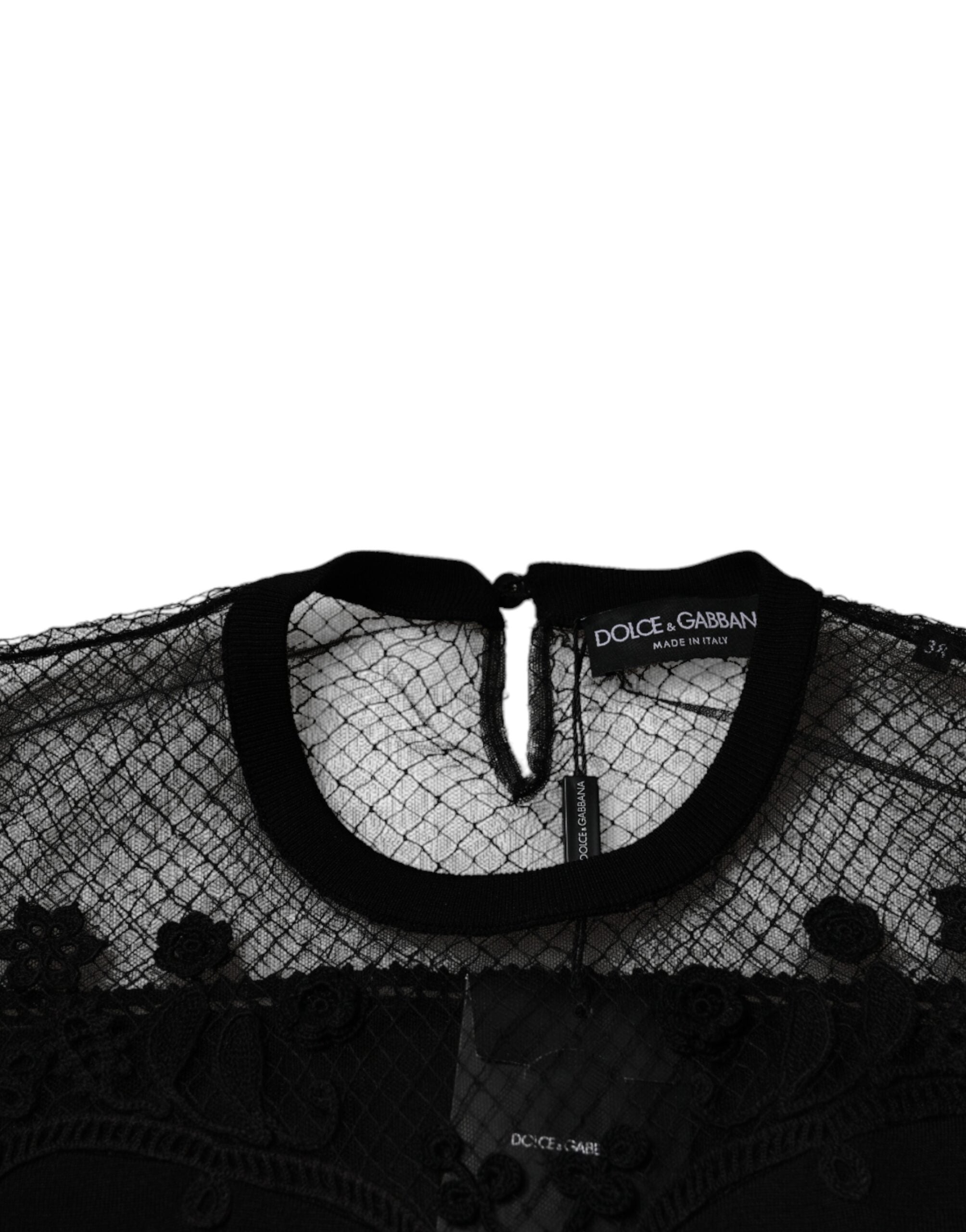 Dolce & Gabbana Черна блуза с флорални дантелени ръкави и къси ръкави
