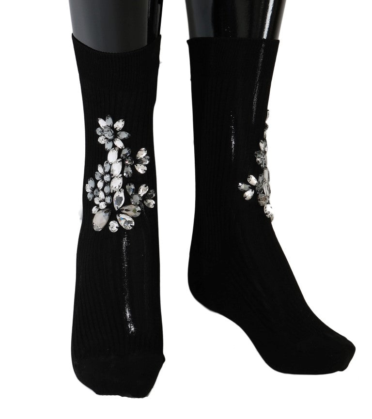 Черни плетени чорапи Dolce & Gabbana, украсени с кристали