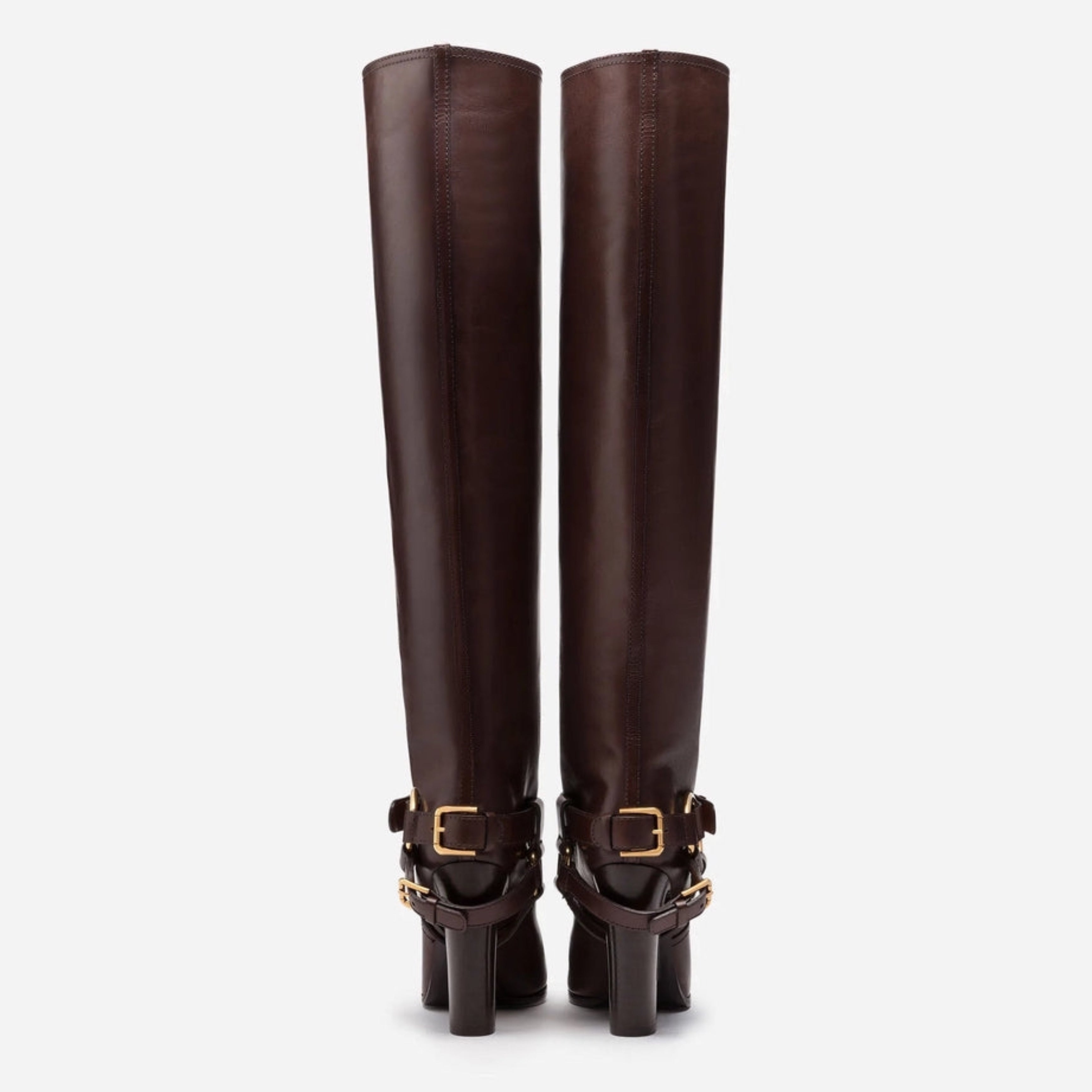 Дамски луксозни високи ботуши чизми на ток Dolce & Gabbana Women’s Brown Leather Gold Tone Logo High Boots