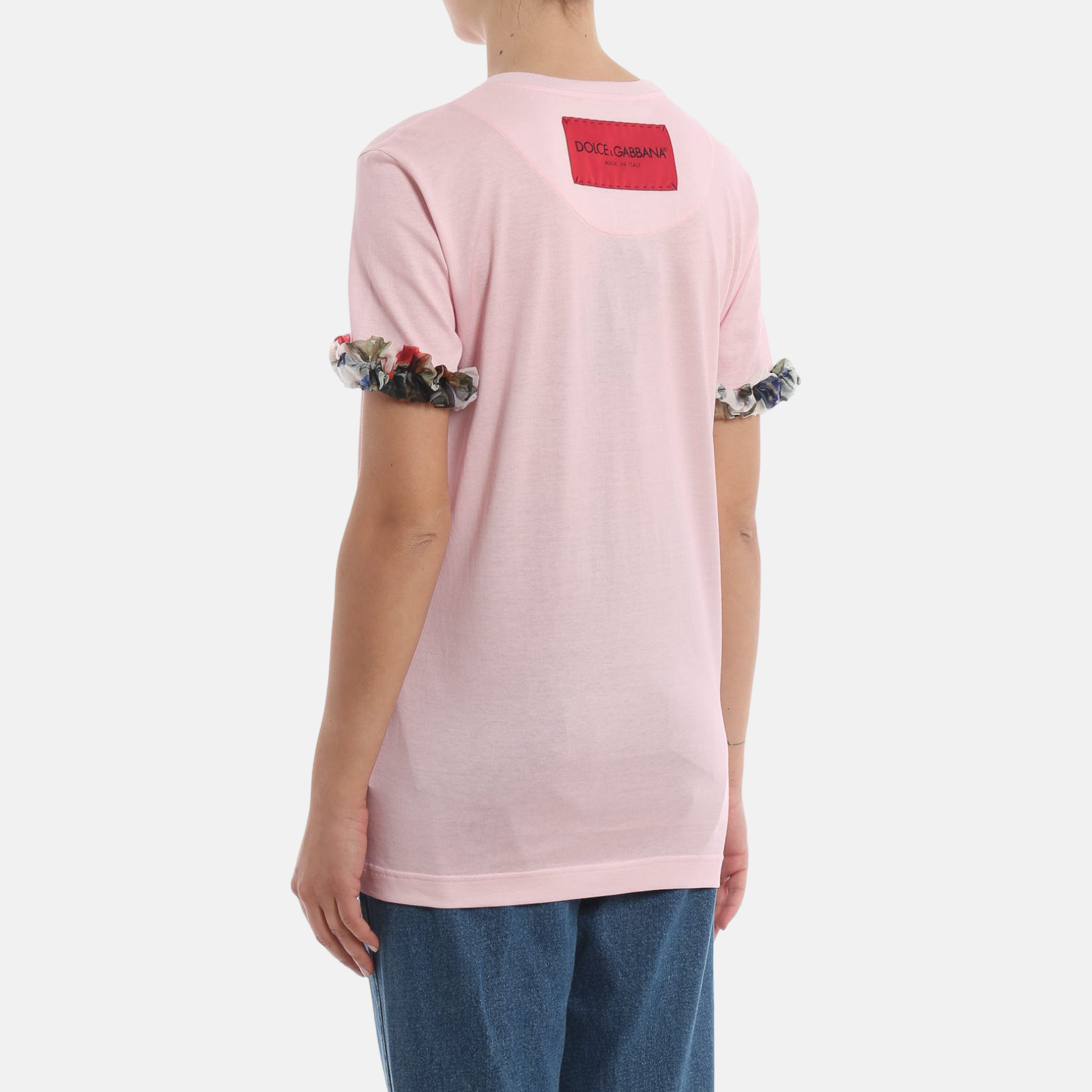 Дамска розова тениска с рози Dolce & Gabbana Floral Rose Applique Women T-Shirt