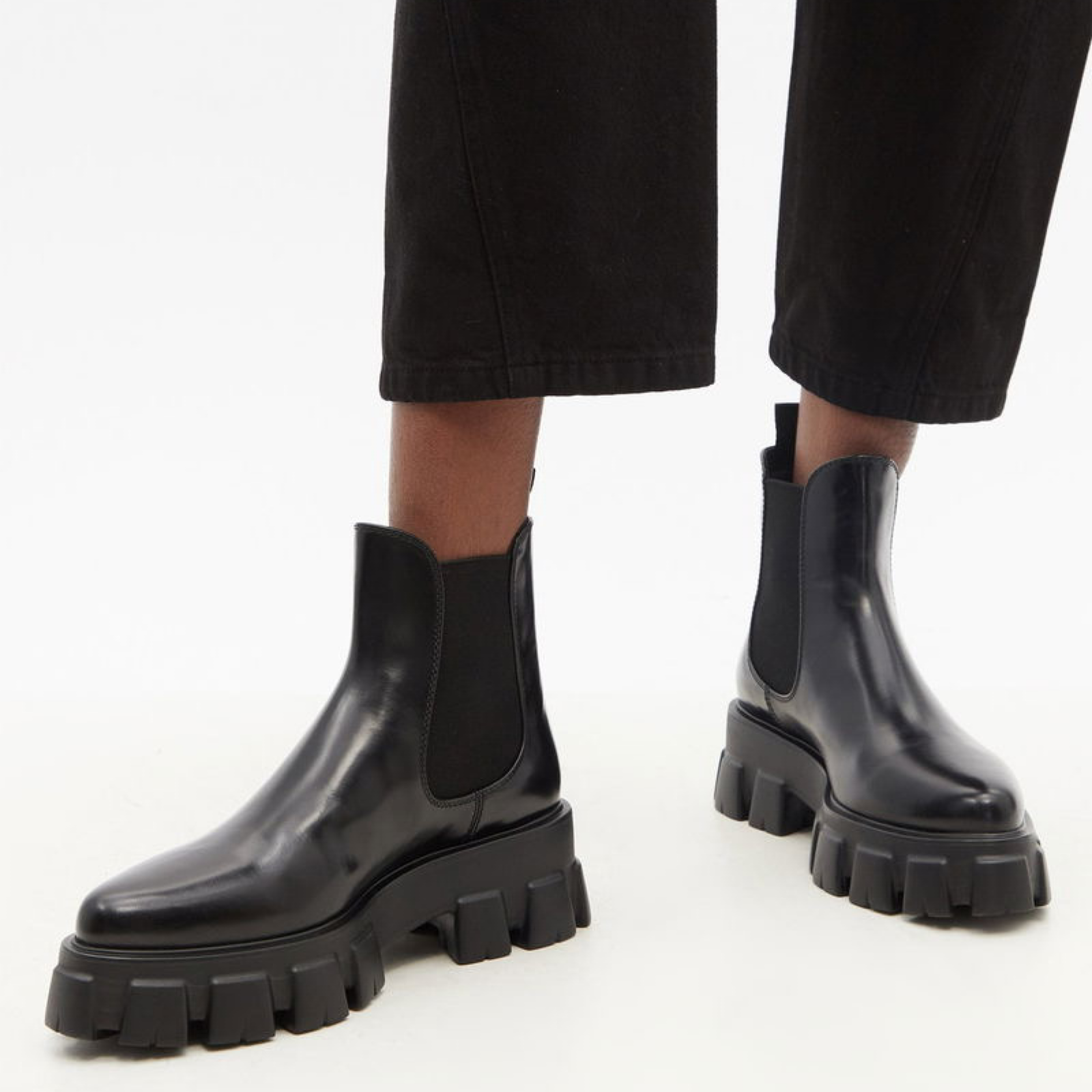 Prada Monolith Leather Ankle Boots Model View