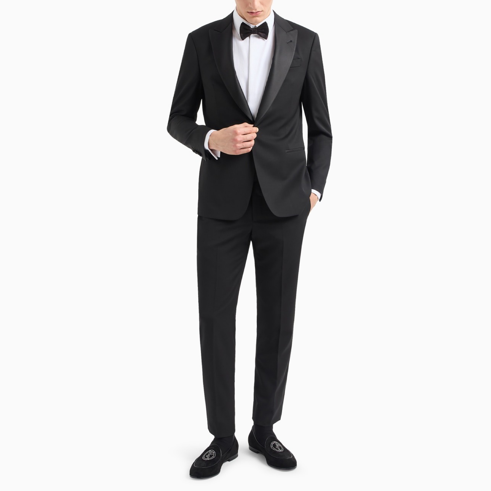 Giorgio Armani Black Tuxedo Fleece Wool Suit Front View