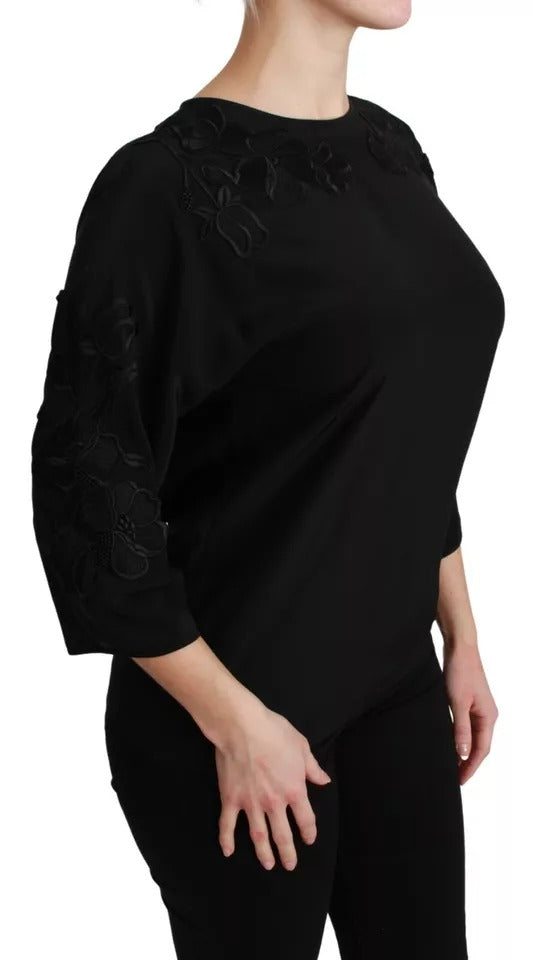 Черна бродирана флорална блуза Dolce & Gabbana Копринено горнище