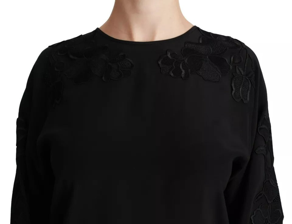Черна бродирана флорална блуза Dolce & Gabbana Копринено горнище