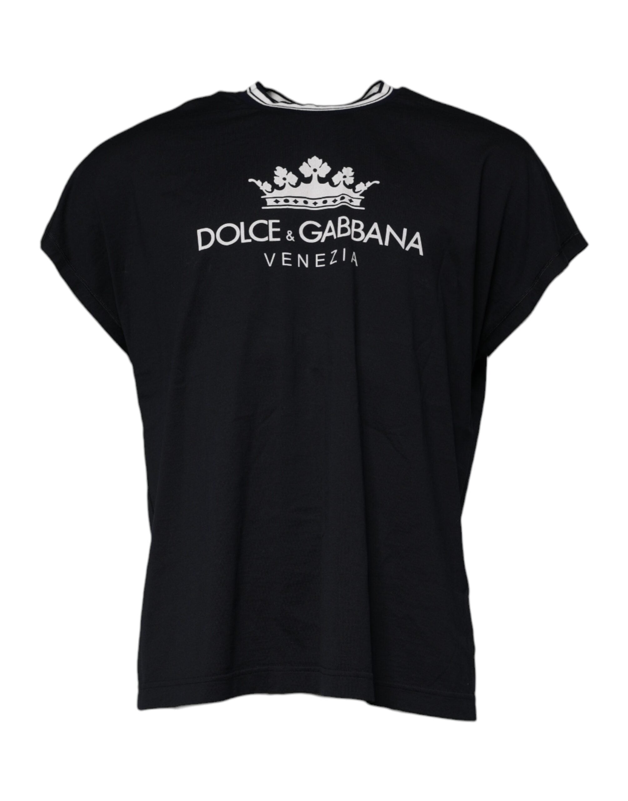 Dolce & Gabbana Тъмно синя памучна тениска с кръгло деколте с лого Crown