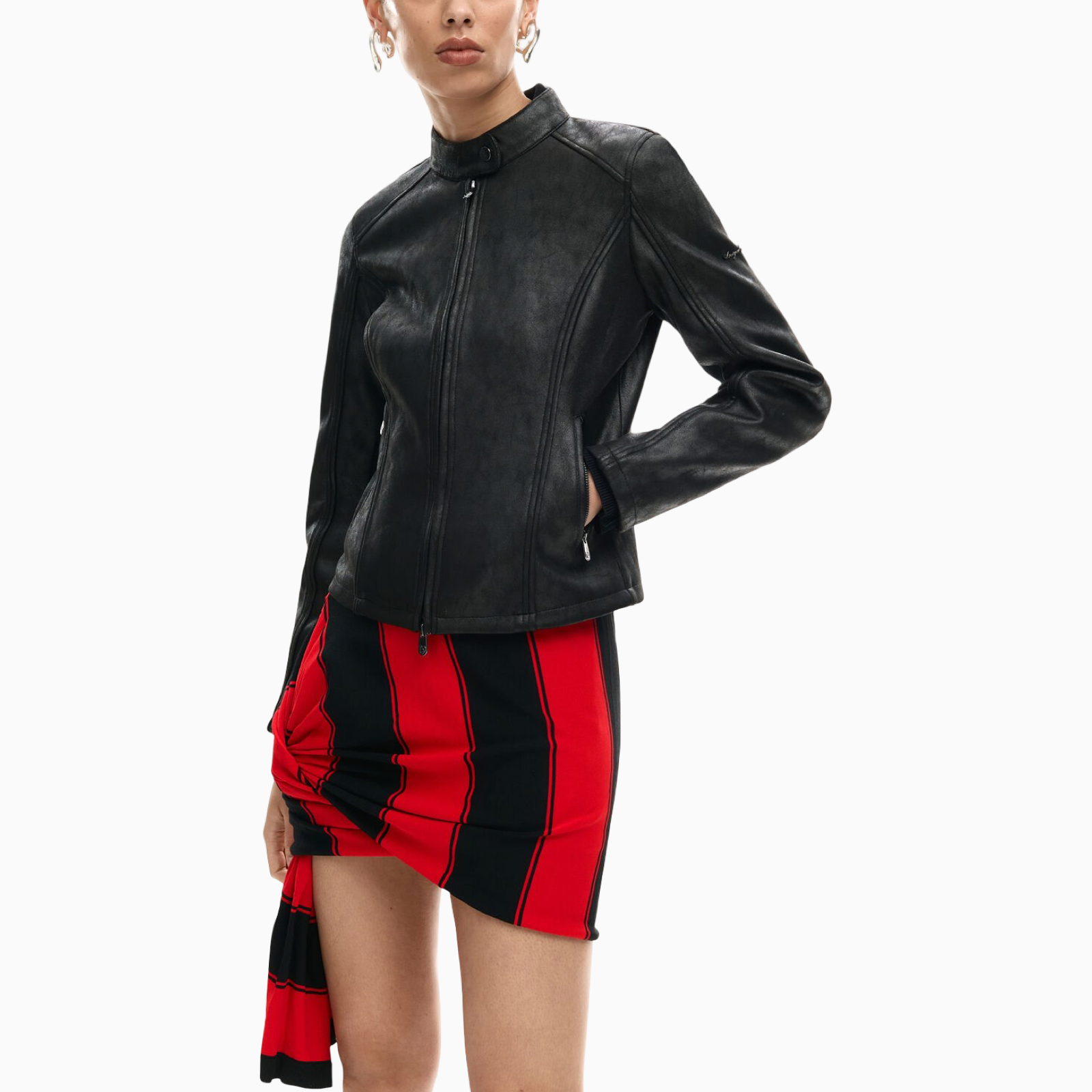 Дамско черно кожено яке Desigual Women Jacket 26SWEW10 2000 Front View