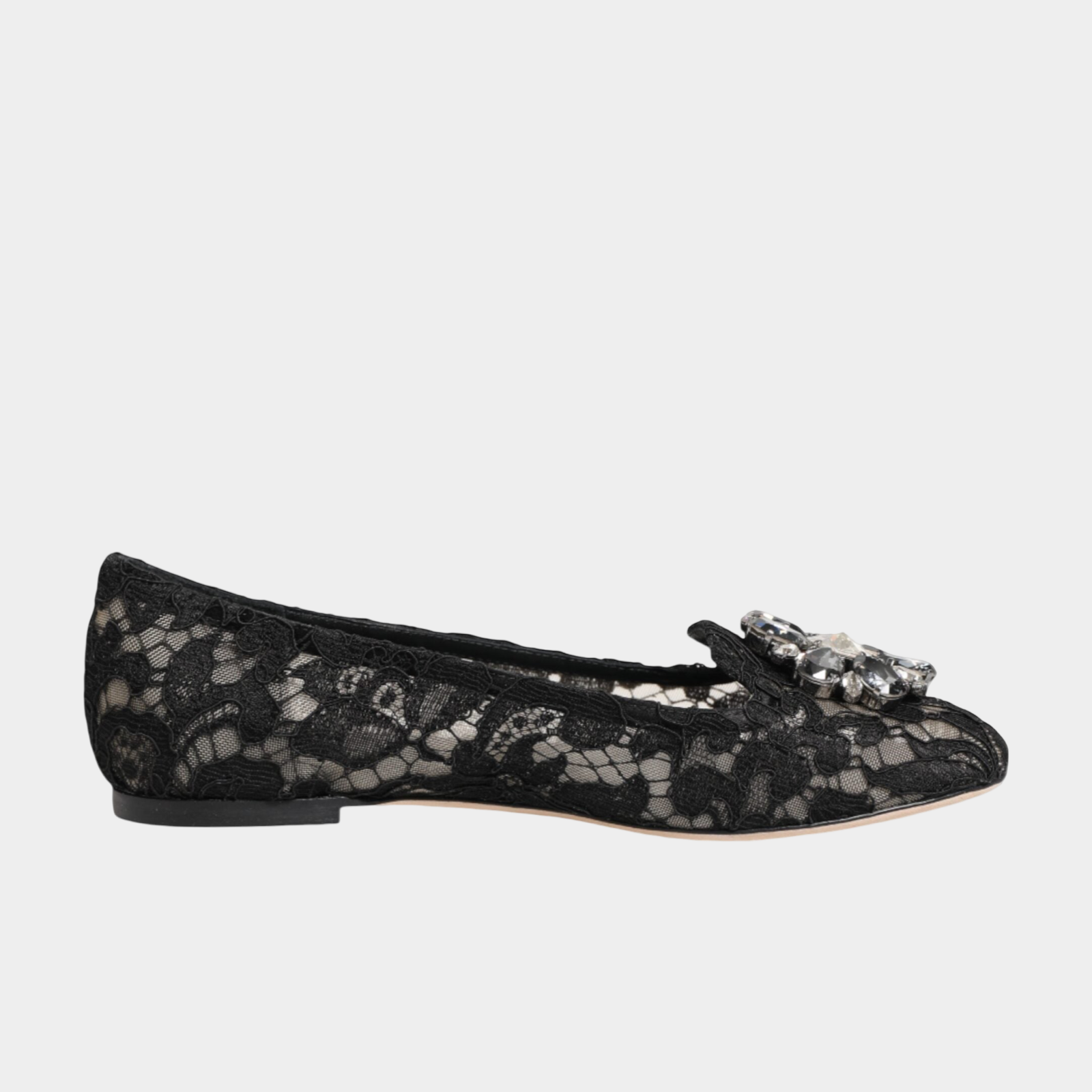 Dolce & Gabbana Black Taormina Lace Crystals Flats Shoes