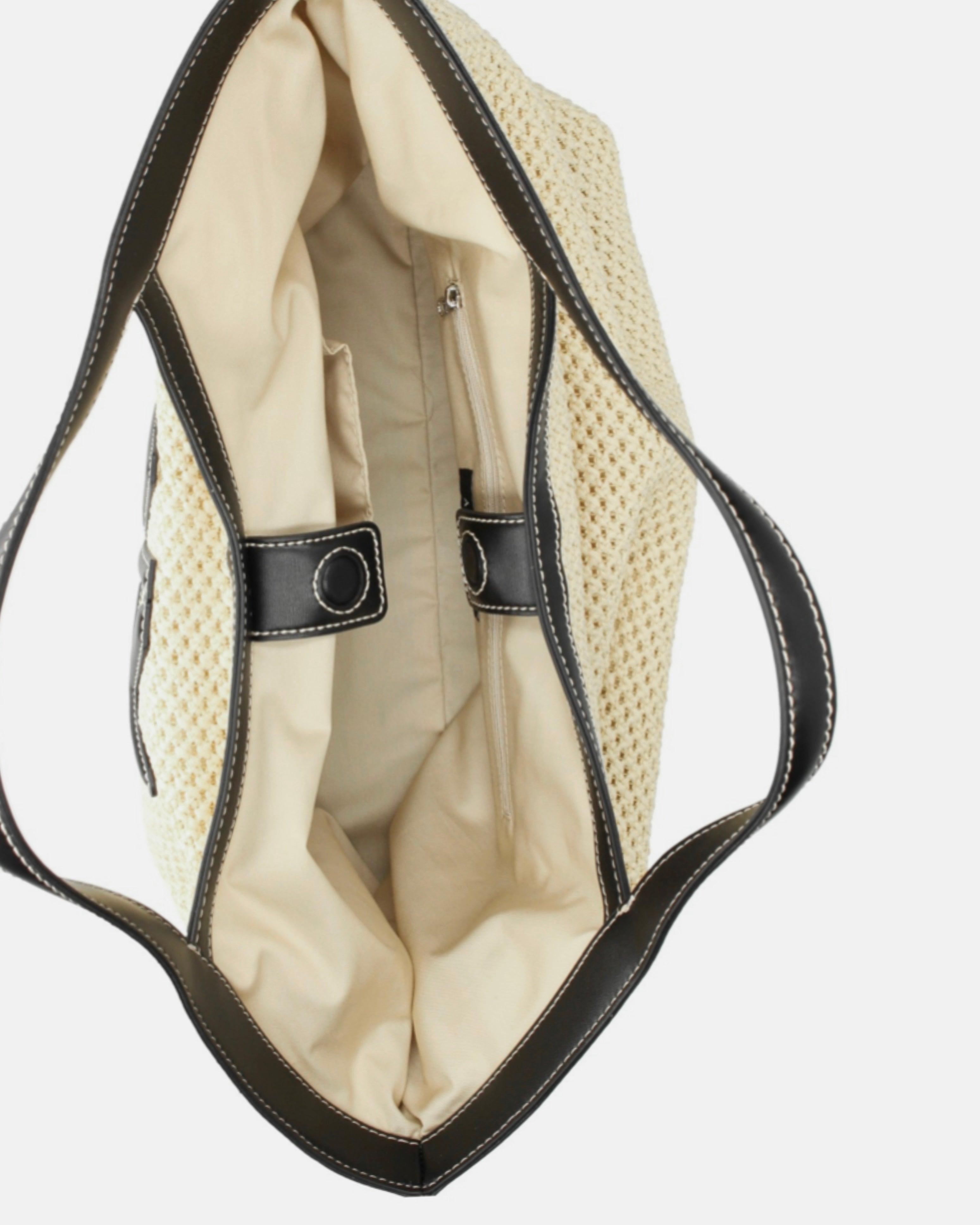 Дамска плетена лятна чанта Women’s woven fabric handbag Armani Exchange XW000410 AF12591 M1013 Natural/Black Open bag view with compartments visible