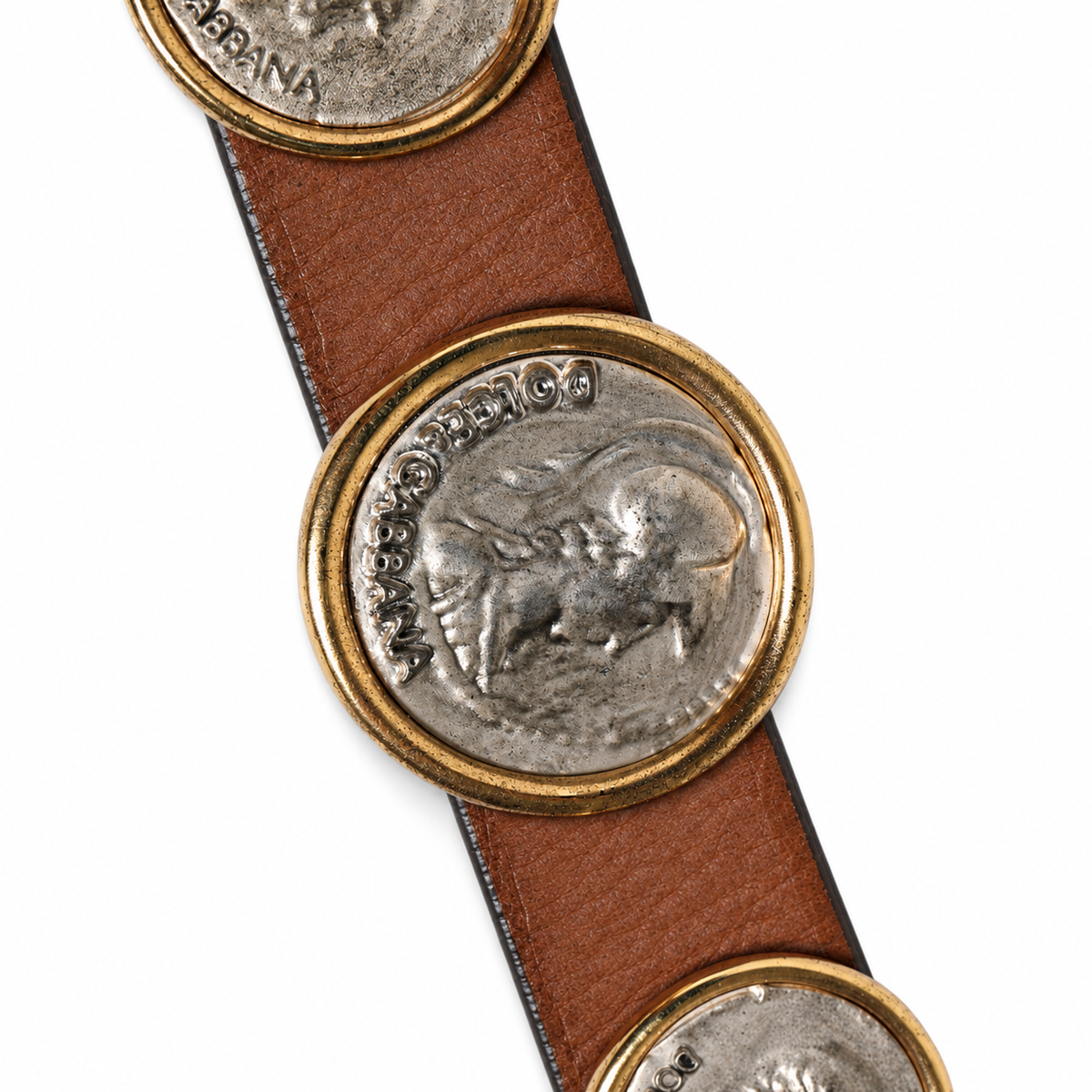 Dolce & Gabbana Brown Leather Gold Silver Coin Buckle Belt