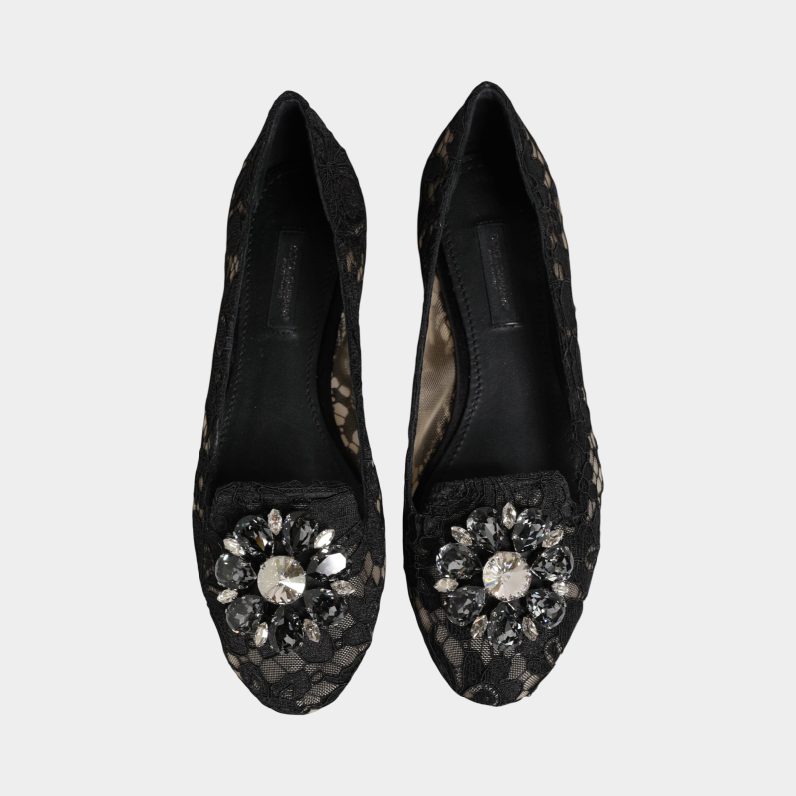 Dolce & Gabbana Black Taormina Lace Crystals Flats Shoes