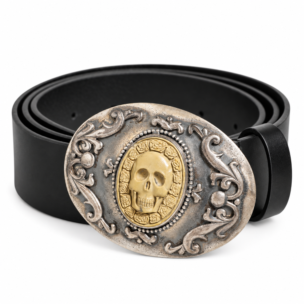 Dolce & Gabbana Black Leather Ornate Metal Buckle Men Belt