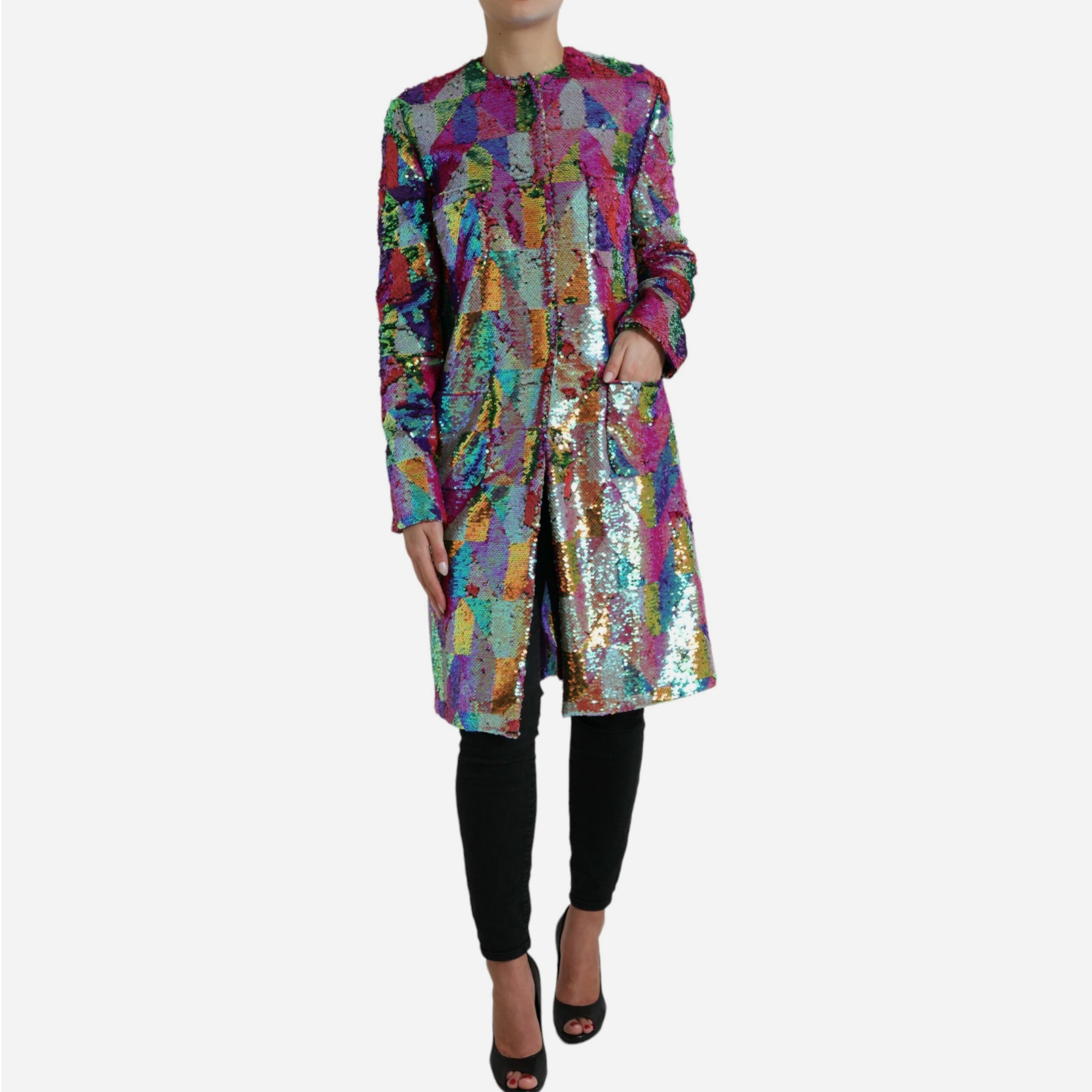 Дамско луксозно дълго многоцветно палто от пайети с подплата DOLCE & GABBANA Women’s Luxury Multicolor Sequined Long Coat