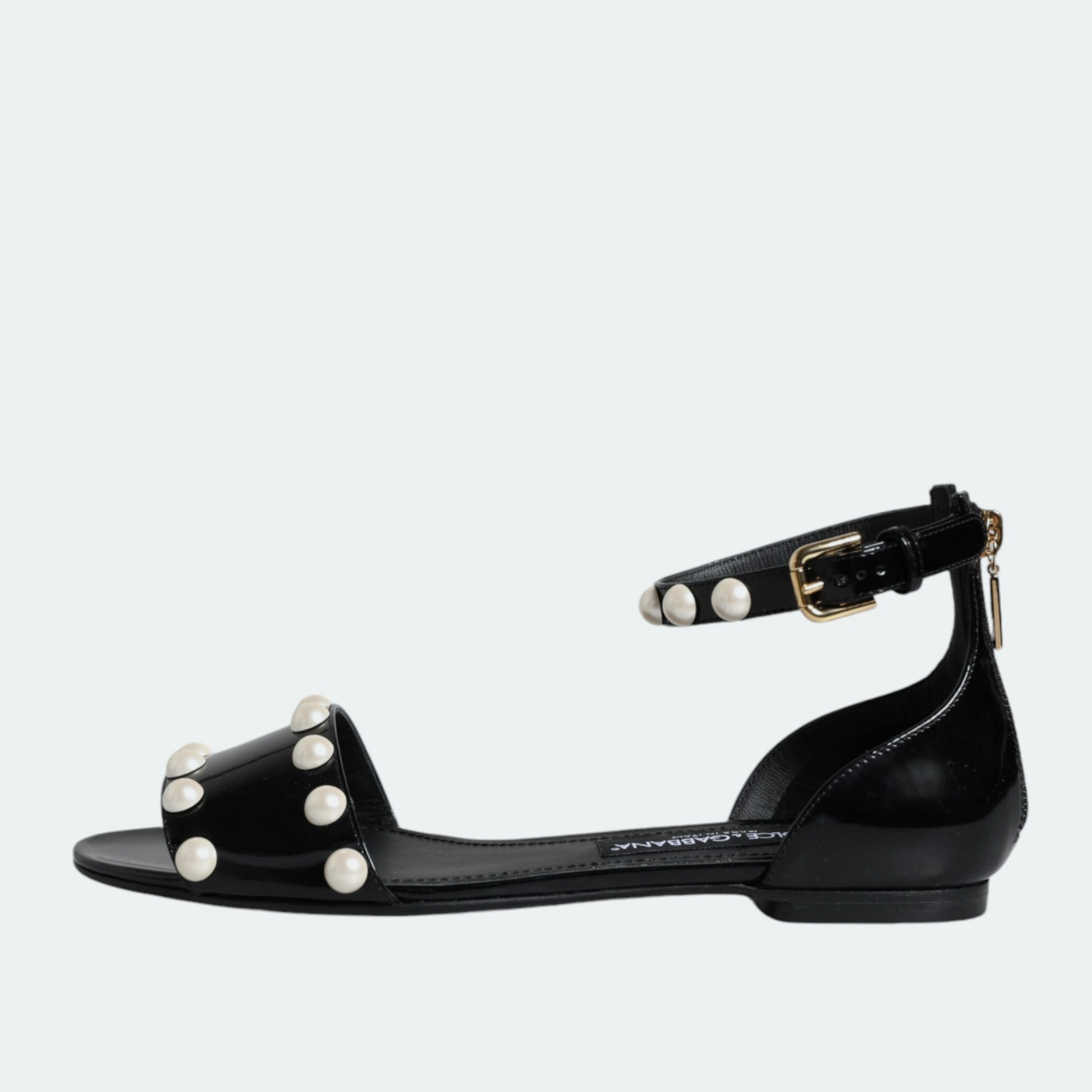 Дамски луксозни сандали от естествена кожа в черно с перли DOLCE & GABBANA Women’s Black Leather Pearls Ankle Strap Sandals