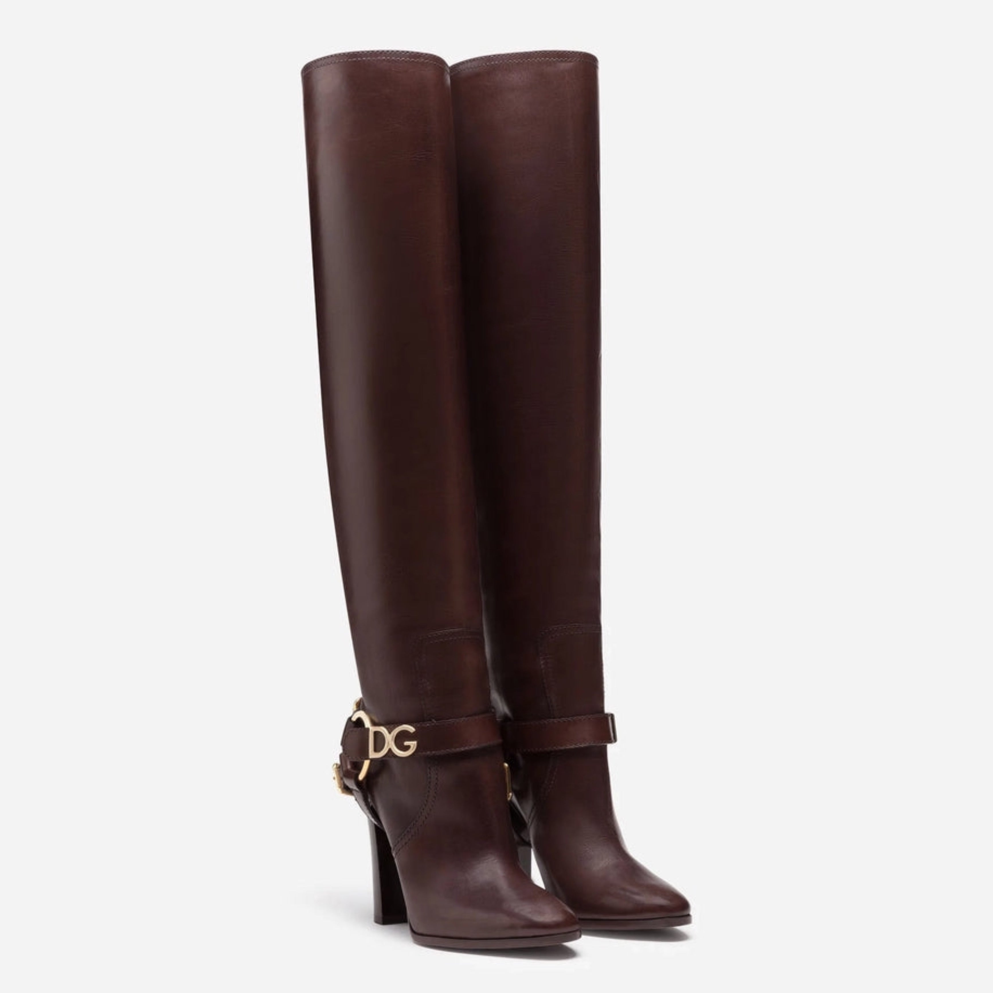 Дамски луксозни високи ботуши чизми на ток Dolce & Gabbana Women’s Brown Leather Gold Tone Logo High Boots