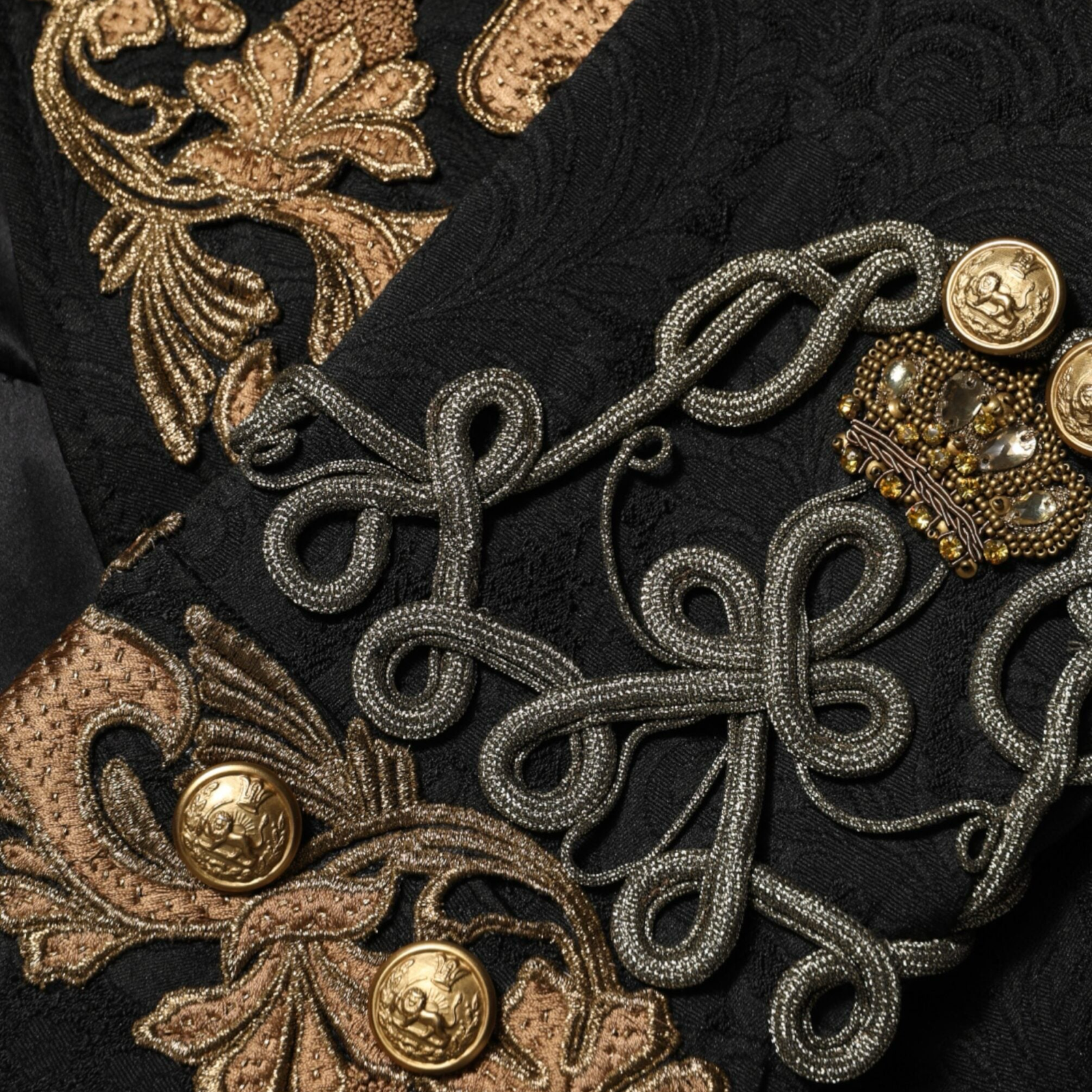 Dolce & Gabbana Black Brocade Embroidery Men Blazer Jacket Close-Up