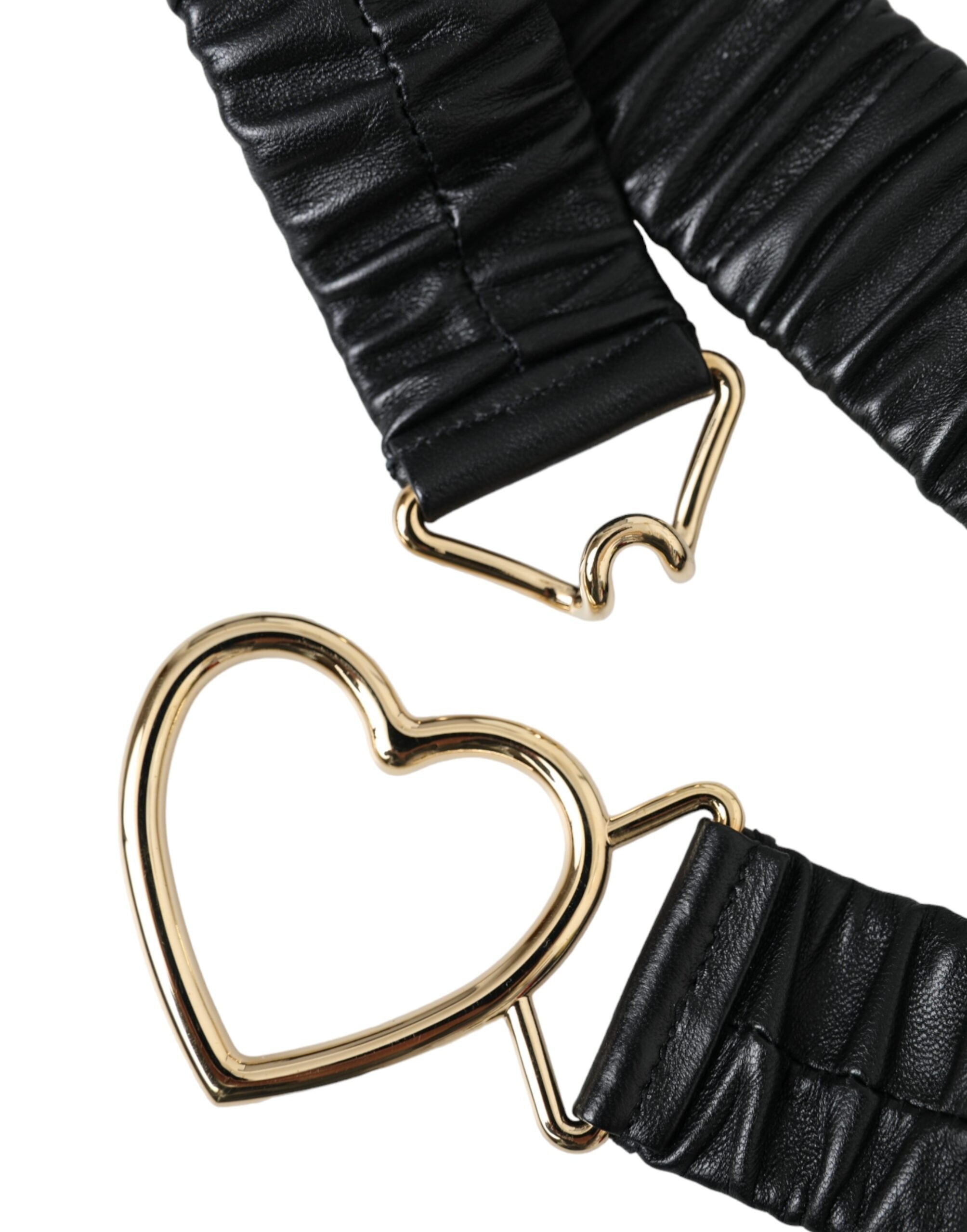 Дамски луксозен кожен колан с катарама във формата на сърце DOLCE & GABBANA Women’s Luxury Black Leather Gold Heart Metal Buckle Belt