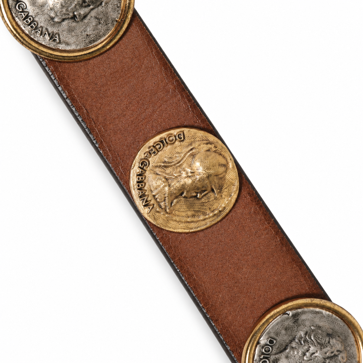 Dolce & Gabbana Brown Leather Gold Silver Coin Buckle Belt