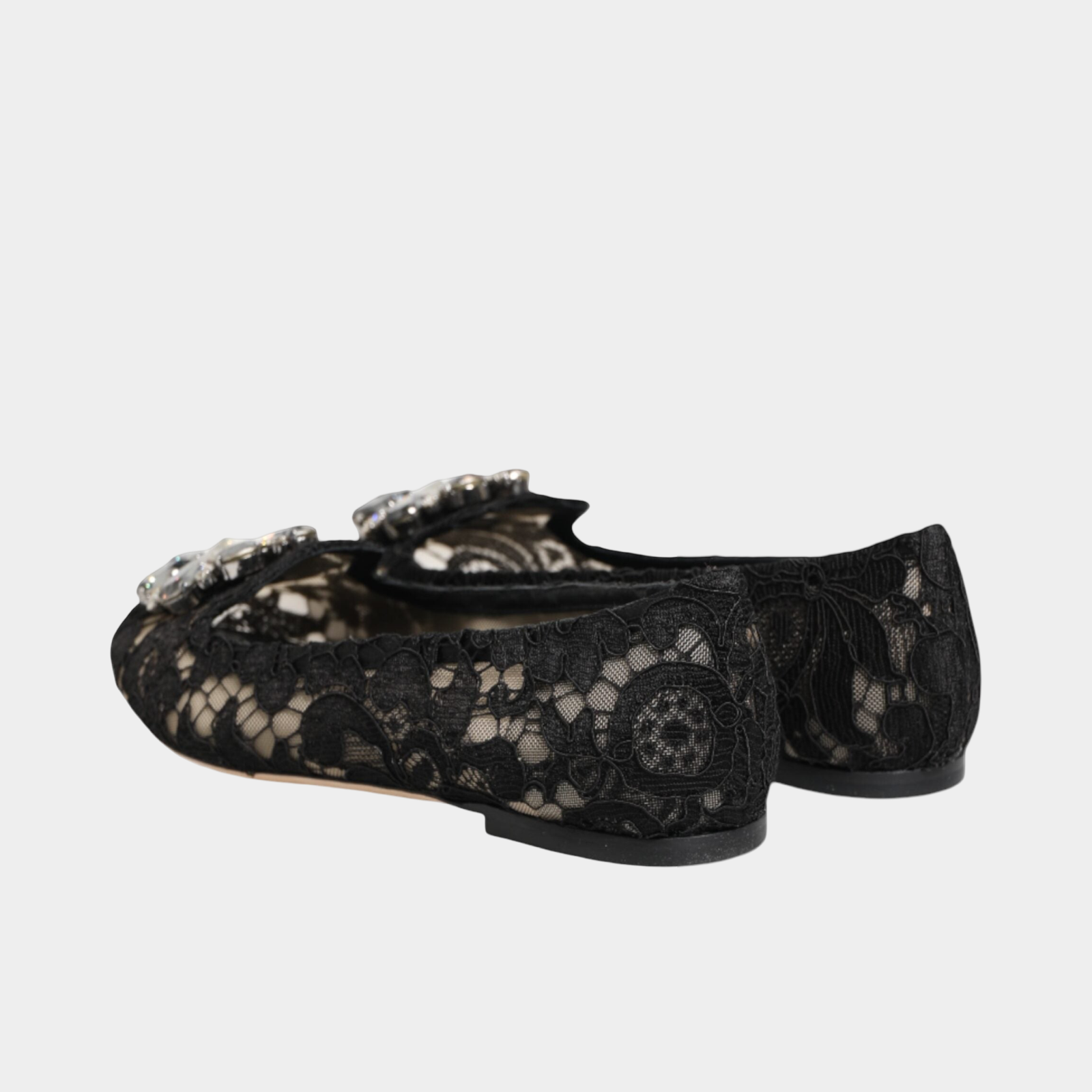 Dolce & Gabbana Black Taormina Lace Crystals Flats Shoes