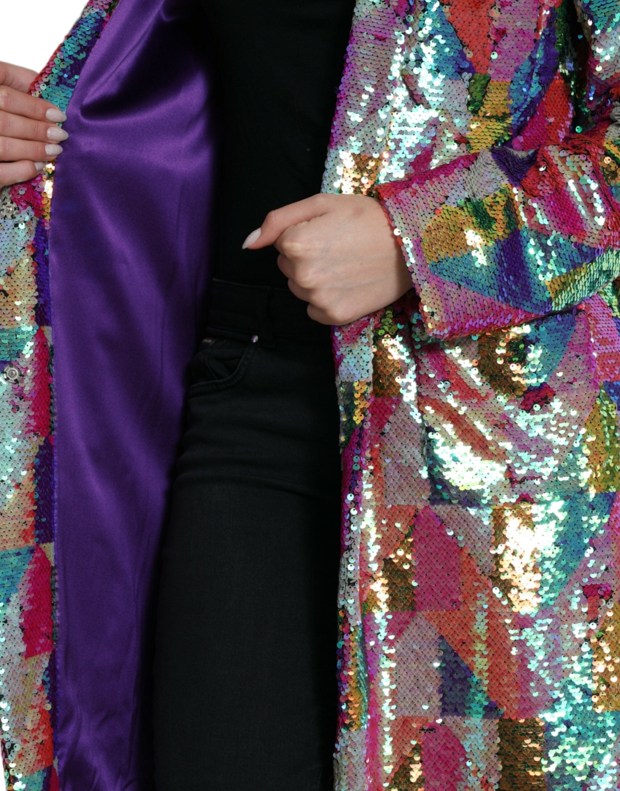 Дамско луксозно дълго многоцветно палто от пайети с подплата DOLCE & GABBANA Women’s Luxury Multicolor Sequined Long Coat