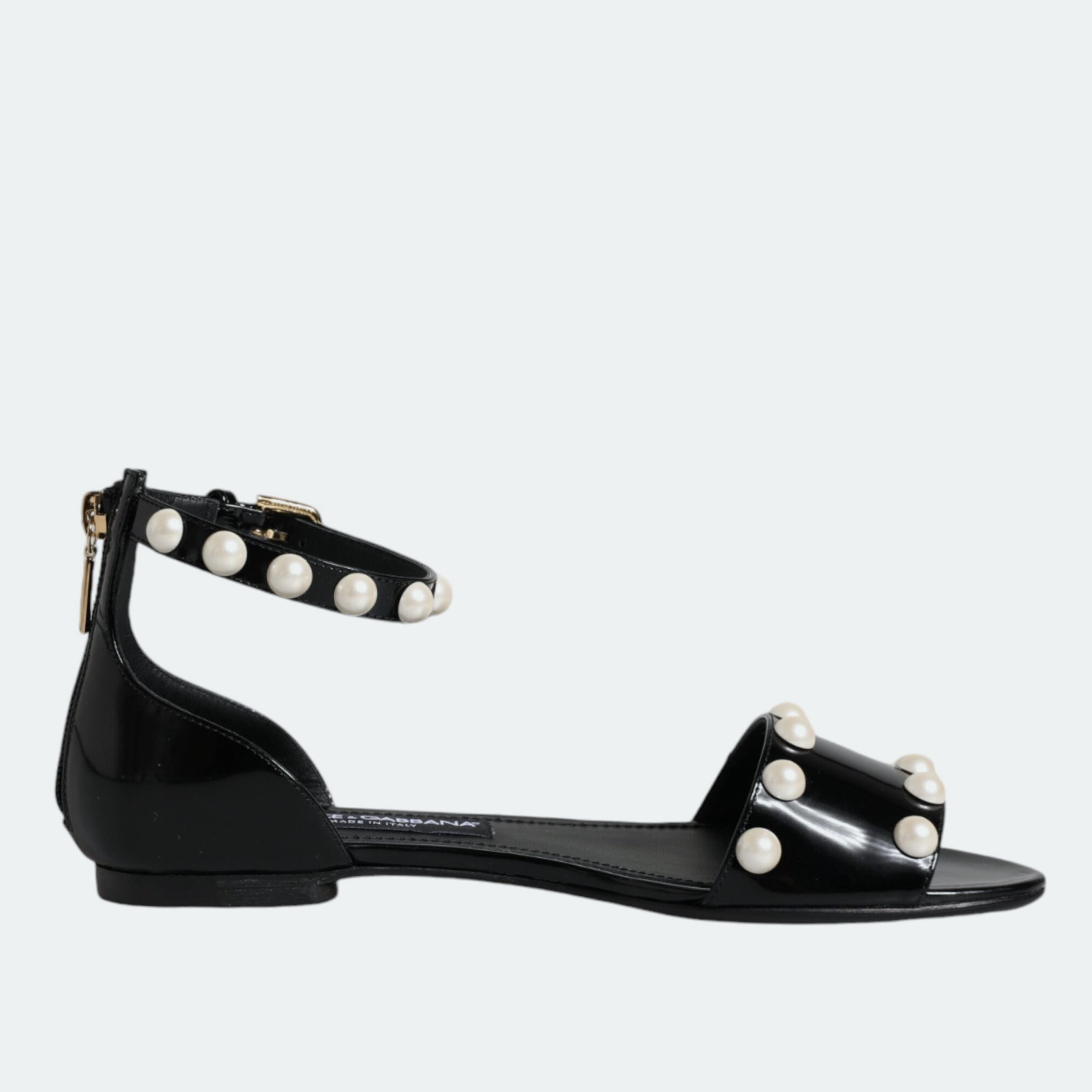 Дамски луксозни сандали от естествена кожа в черно с перли DOLCE & GABBANA Women’s Black Leather Pearls Ankle Strap Sandals
