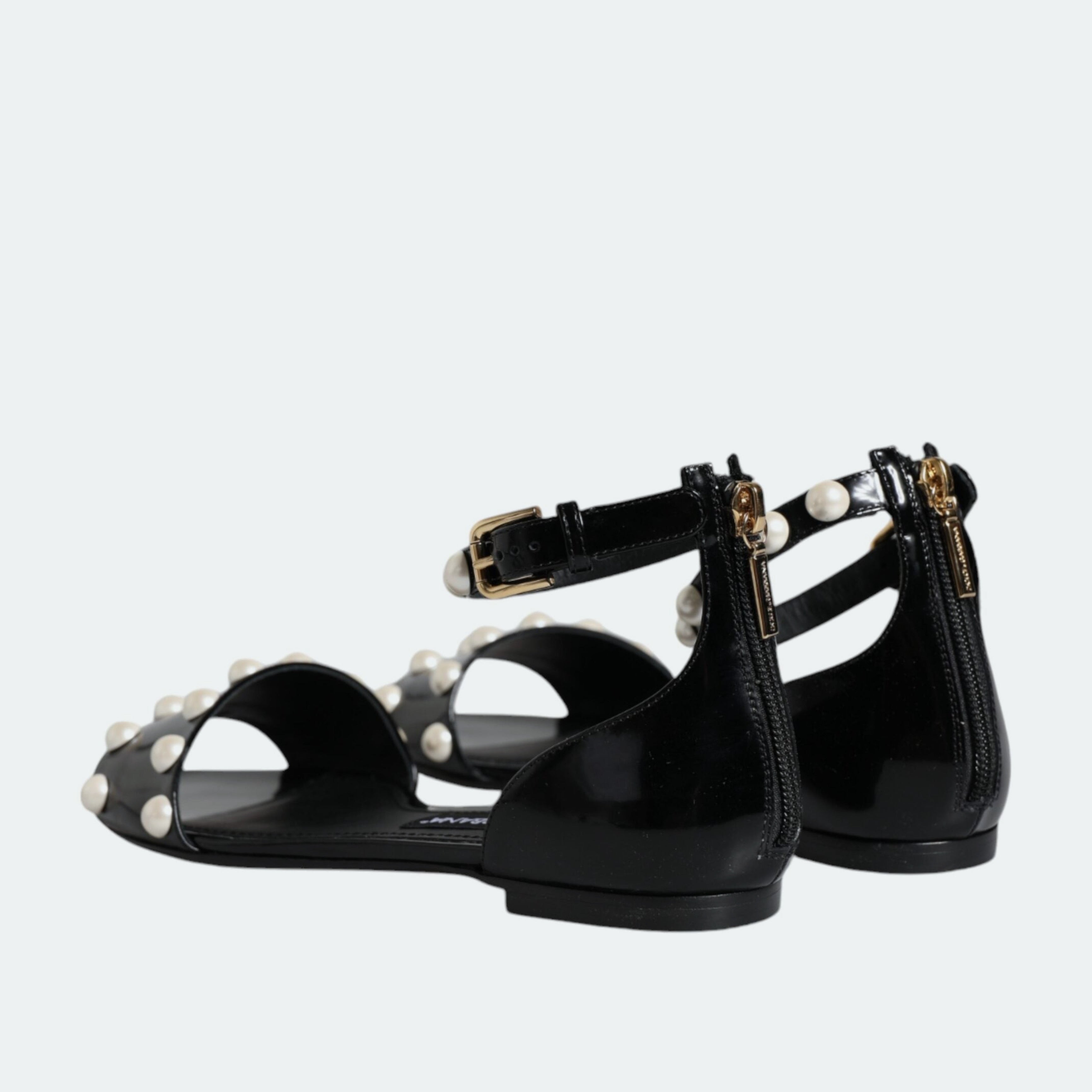 Дамски луксозни сандали от естествена кожа в черно с перли DOLCE & GABBANA Women’s Black Leather Pearls Ankle Strap Sandals