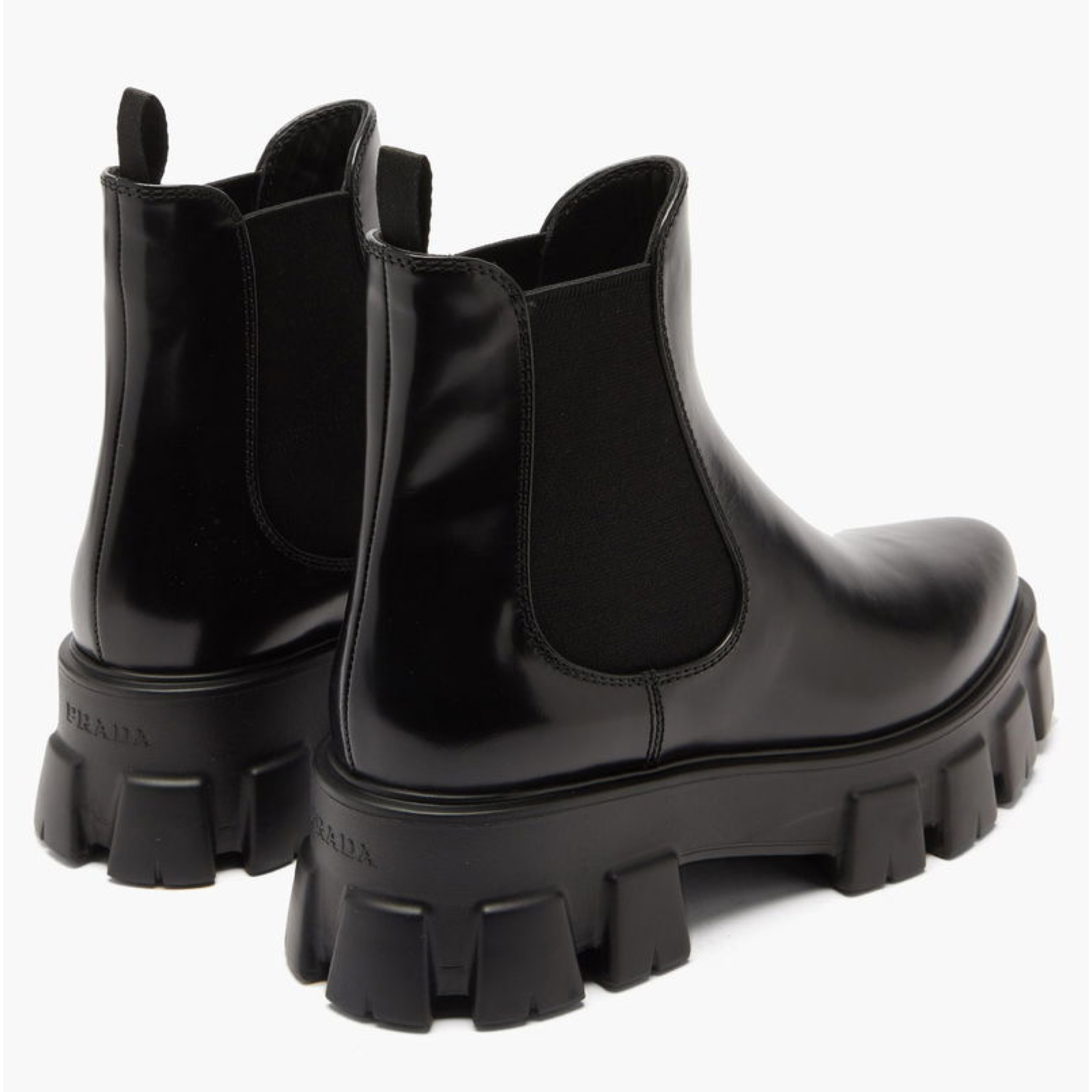 Prada Monolith Leather Ankle Boots Heel View