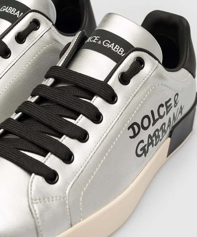 Дамски луксозни кецове от естествена кожа в сребристо Dolce & Gabbana Women’s Silver Portofino Calf Leather Sneakers