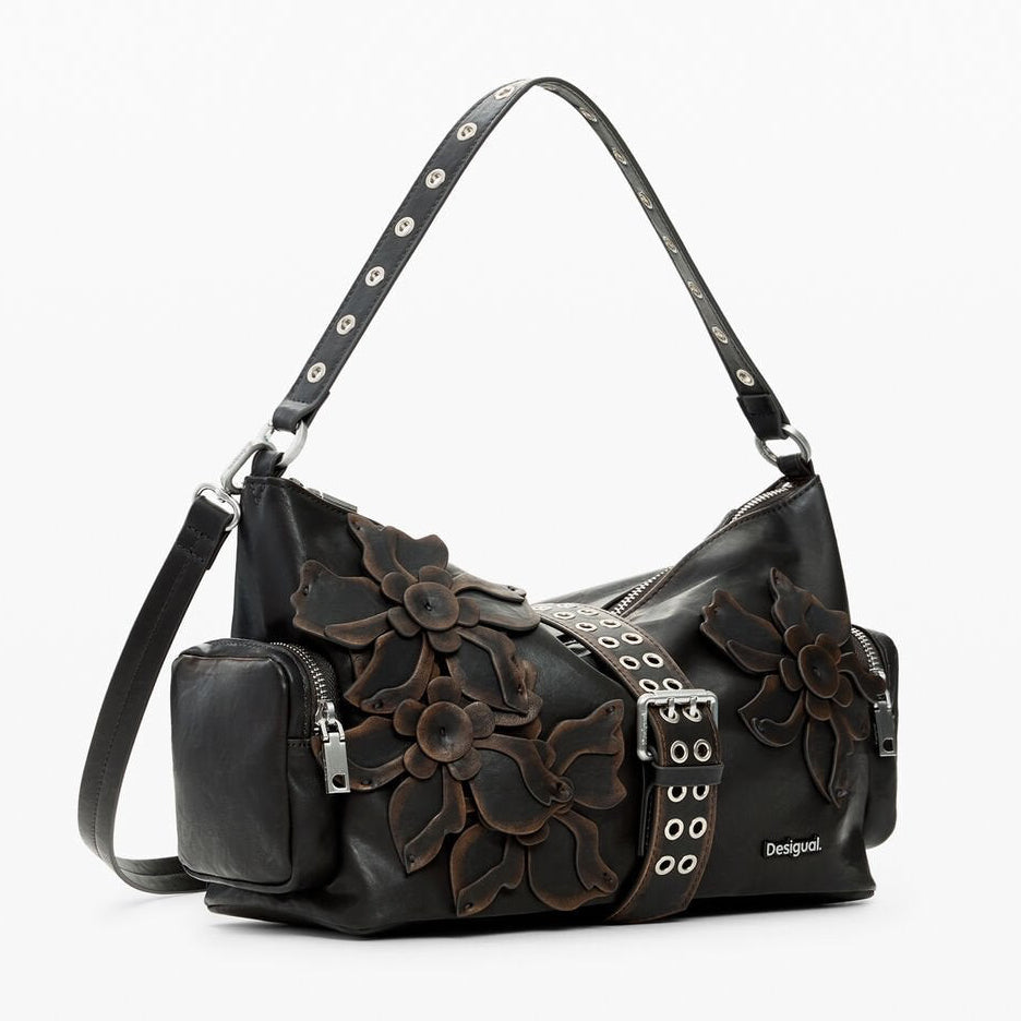 Дамска чанта Women’s handbag with flower appliqués Desigual 26SAXP98 6009 Dark Brown angled view