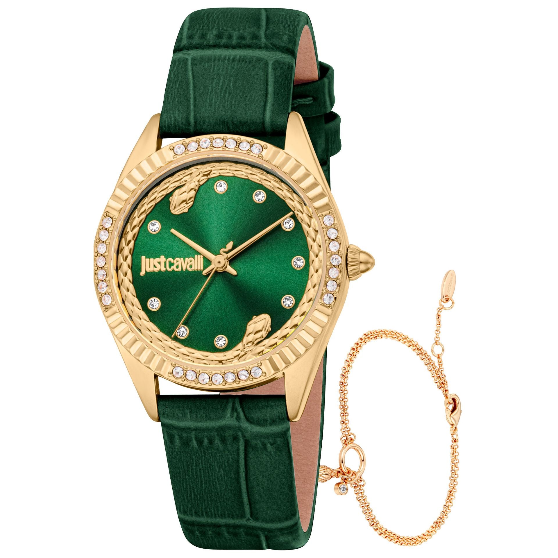 Комплект дамски часовник и гривна Women’s watch Just Cavalli SET Vittoria Glam JC1L361L0025 Leather Green YG