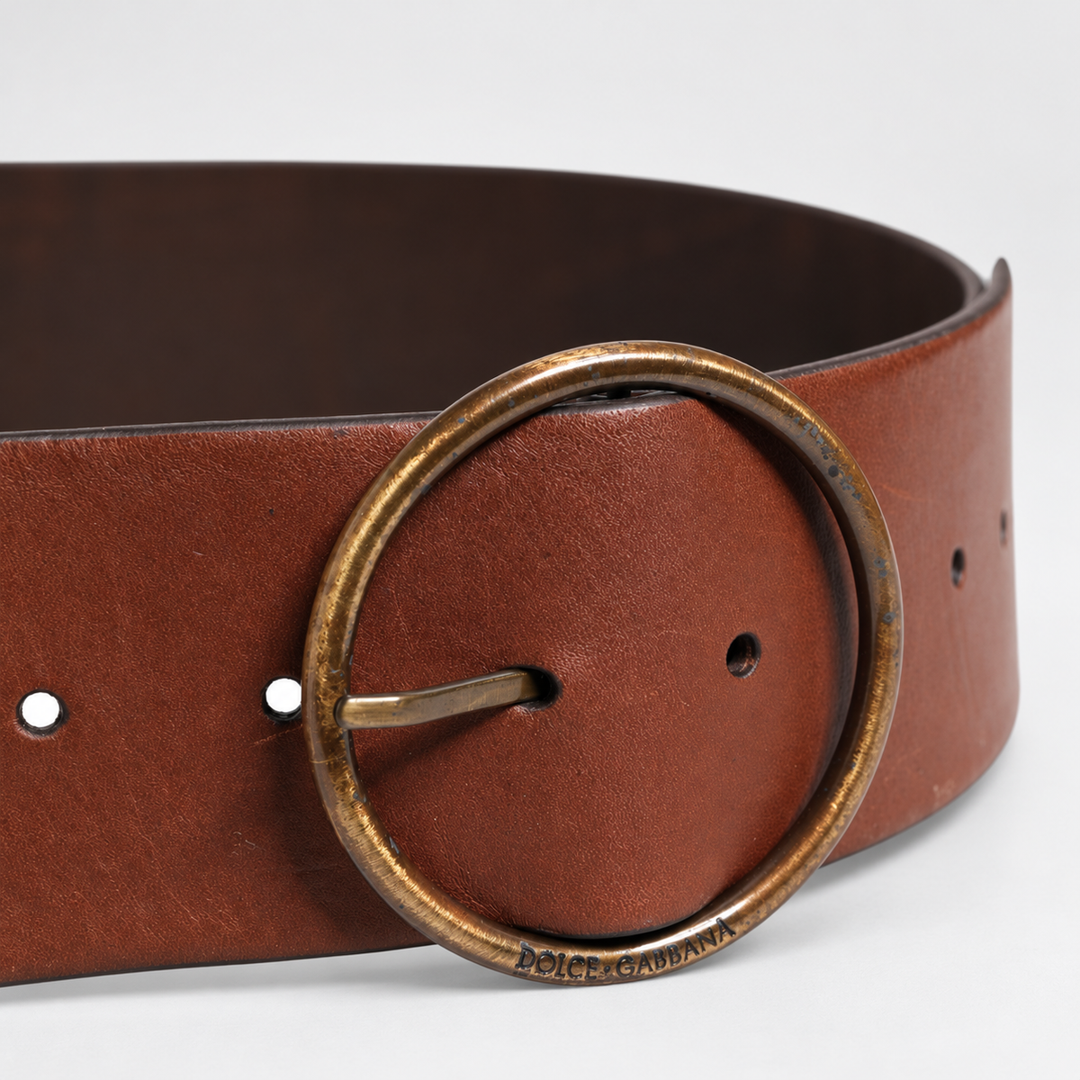 Dolce & Gabbana Brown Leather Wide Waist Metal Round Belt - BC4702 AO358 80044 - studio view 4