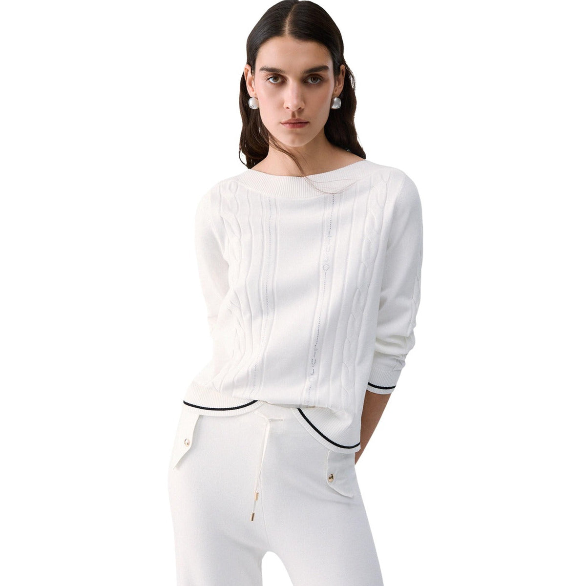 Дамски бял пуловер Liu Jo Women Cable Knit Sweater TF6189MS63L V9389 Front View