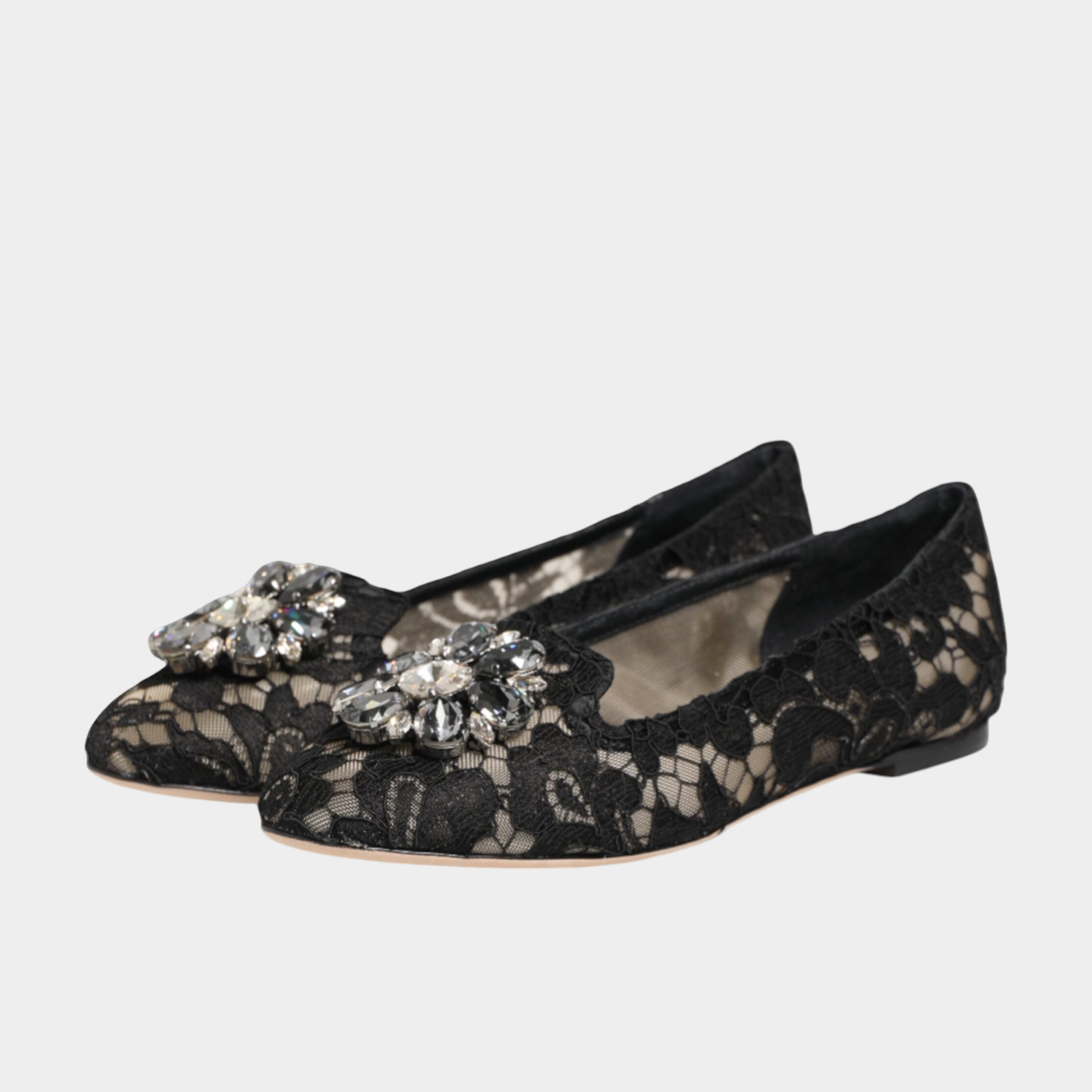 Dolce & Gabbana Black Taormina Lace Crystals Flats Shoes