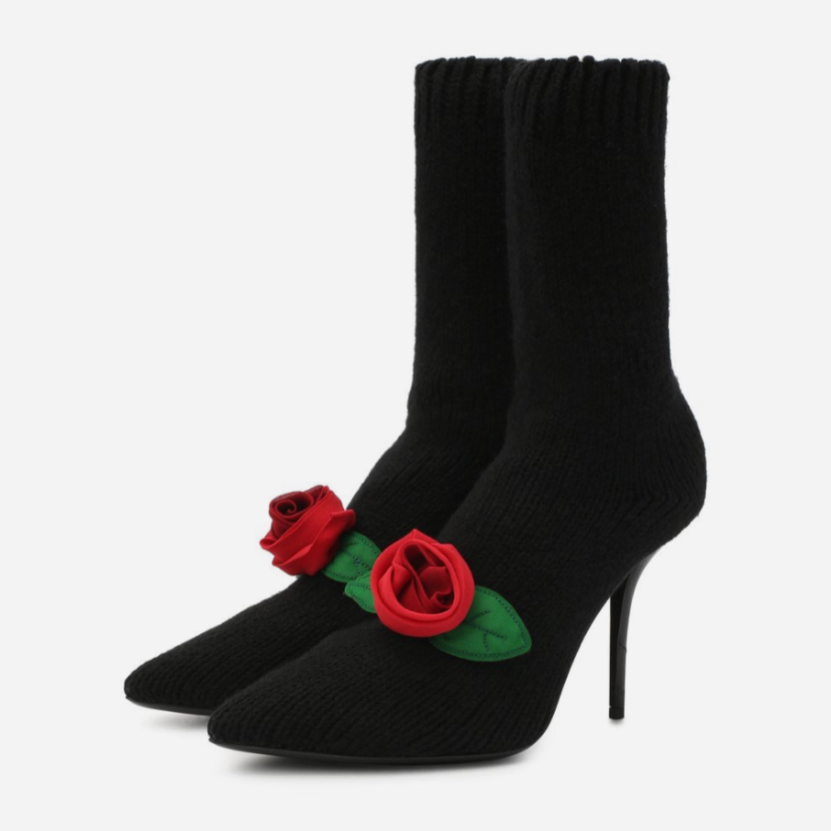 Дамски луксозни ботуши от черно плетиво с апликация роза DOLCE & GABBANA Women’s Black Stiletto Mid Calf Boots