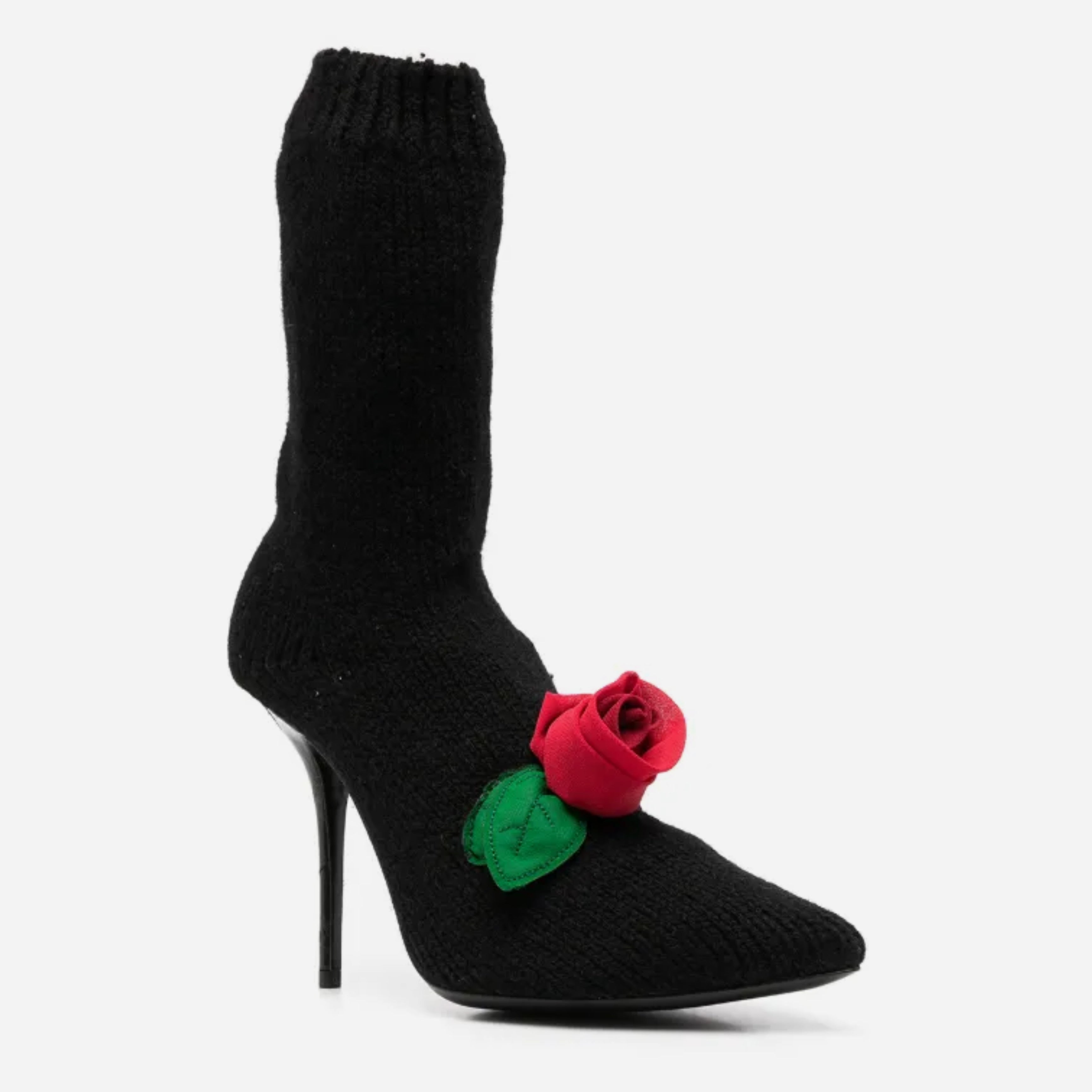 Дамски луксозни ботуши от черно плетиво с апликация роза DOLCE & GABBANA Women’s Black Stiletto Mid Calf Boots