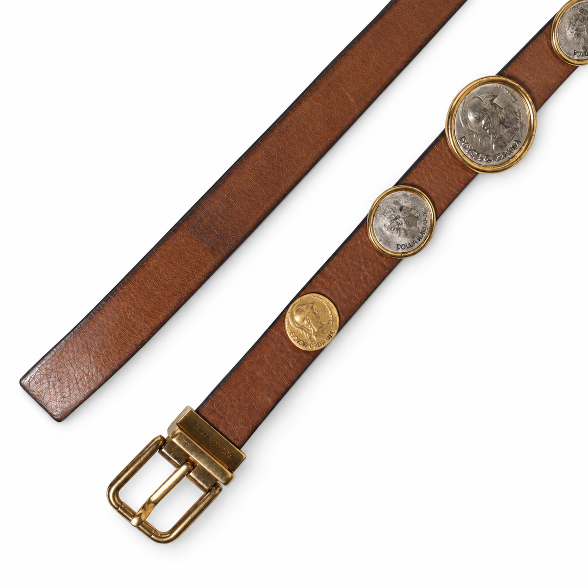 Dolce & Gabbana Brown Leather Gold Silver Coin Buckle Belt