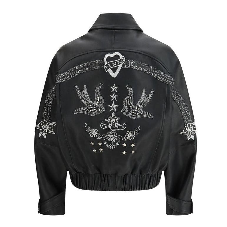 Дамско кожено яке с бродерия Women’s embroidered leather jacket PINKO 105793 A2U7 Z99 Black back view