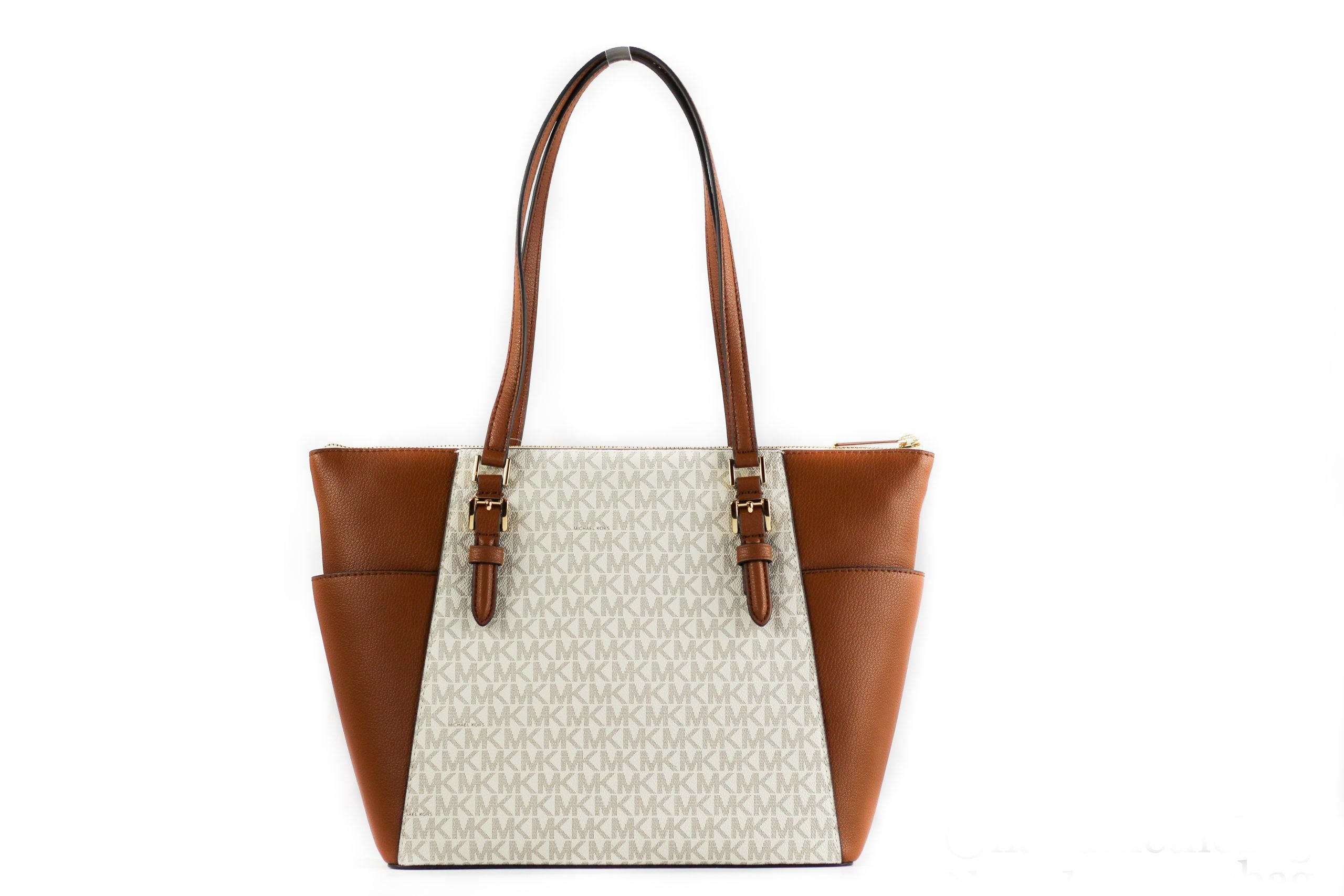Michael Kors Charlotte Signature Leather Large Top Zip Tote Bag Bag (Vanilla)