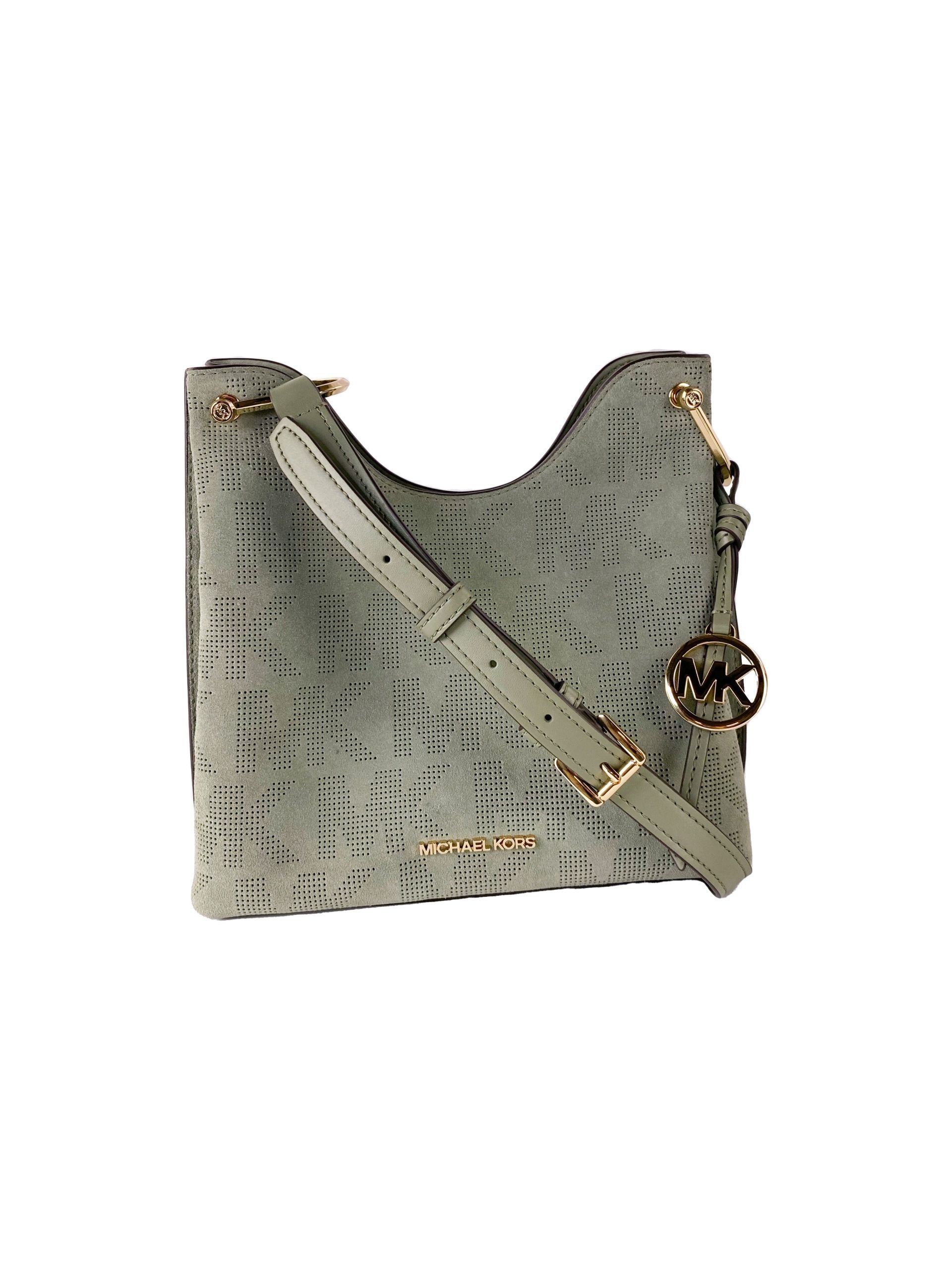 Дамска чанта Michael Kors Joan Large Perforated Suede Leather Slouchy Messenger Bag (Army Green)
